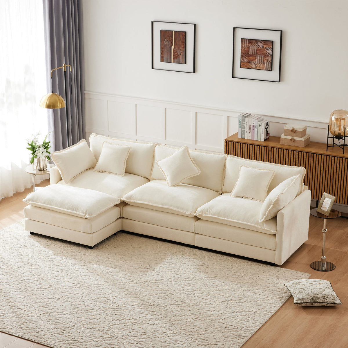 L-Shaped Corner Sofa 3-Seater Upholstered with Footrest, Modern Chenille Fabric