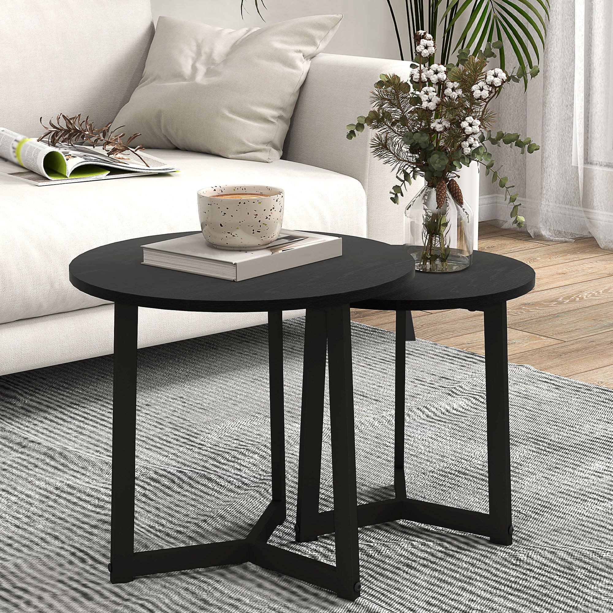 2-Piece Coffee Table Set Round Side Steel Frame, Black