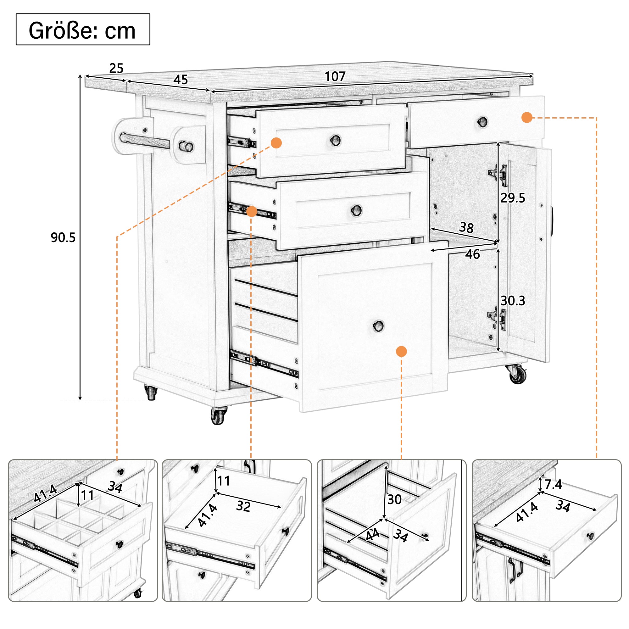 Mobile Kitchen Island, Extendable Table and Multifunctional Drawers, Black