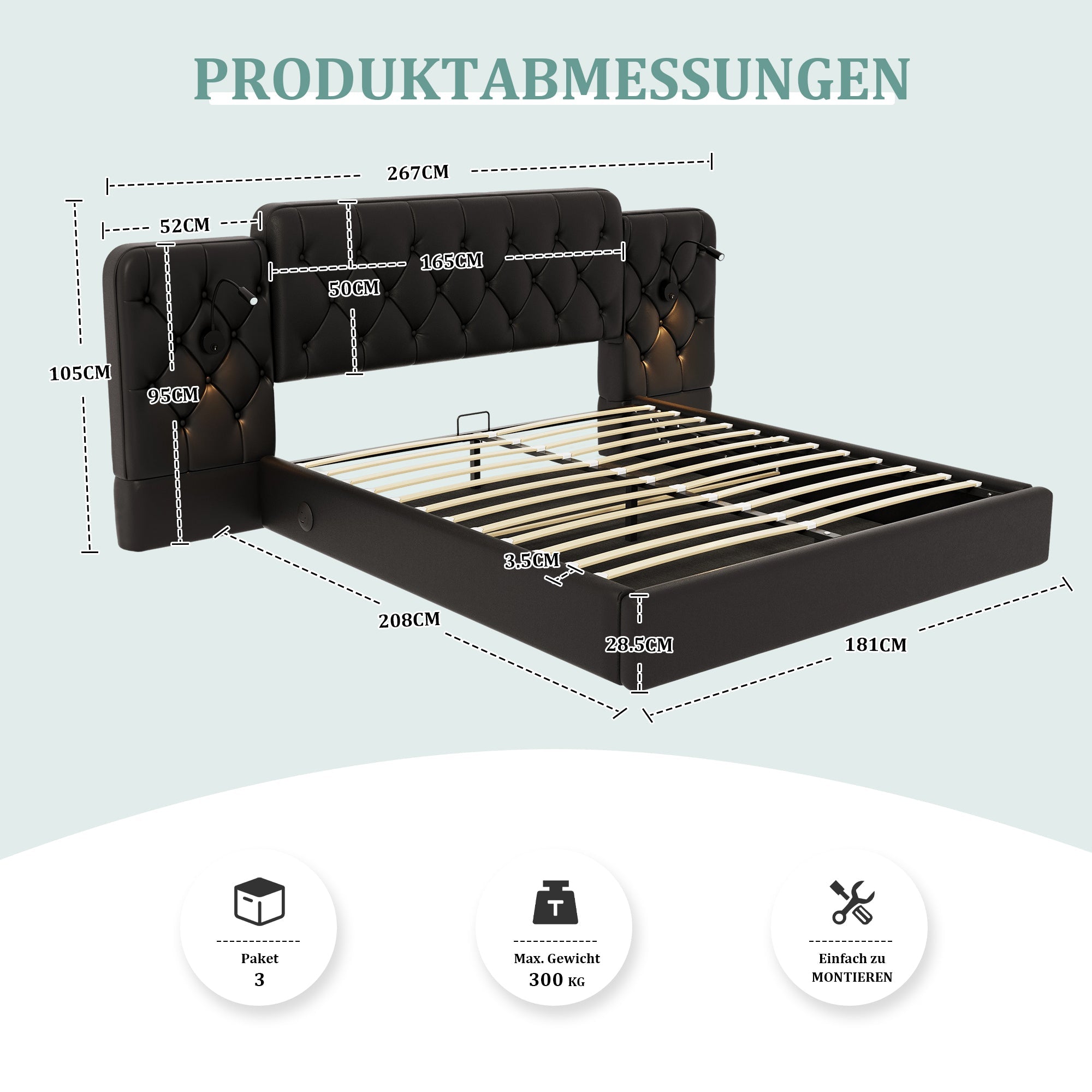 Bed Frame with Long Headboard, USB, Desk Lamp, Hydraulic Storage, 180x200cm - Black Velvet