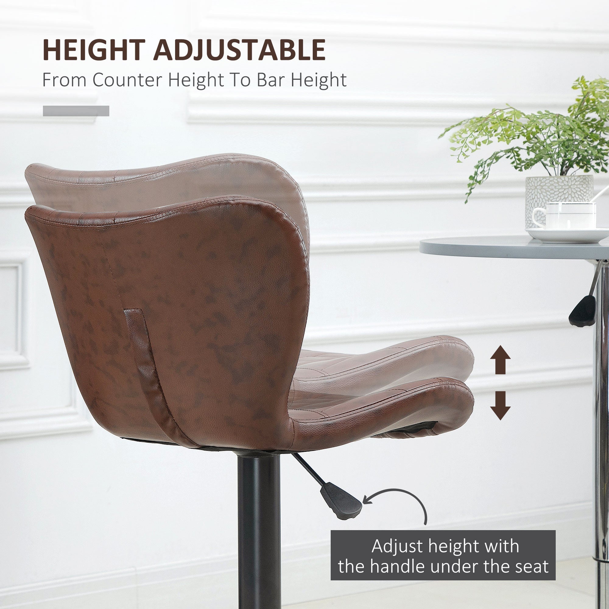 Bar Stools Set of 2, Adjustable Height Swivel Bar Chairs, PU Leather Brown