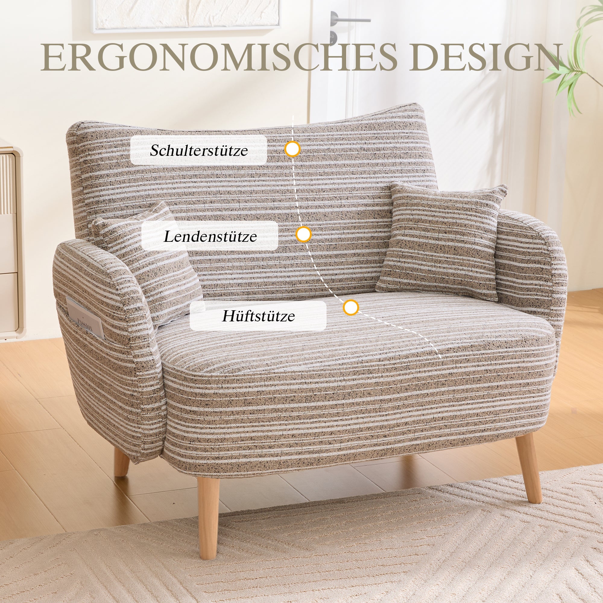 Modern Two-Seater Sofa with Armrest Cushions and Storage Bag, Loop Fabric