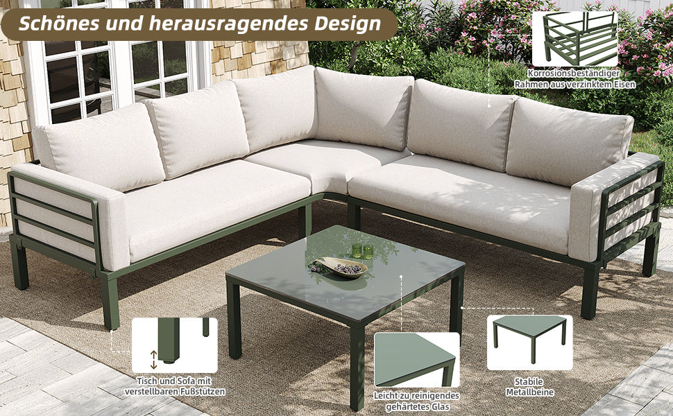 Garden Furniture Set 4-5 Seater with Tempered Glass Coffee Table Adjustable Legs - Green Iron/Beige Cushions