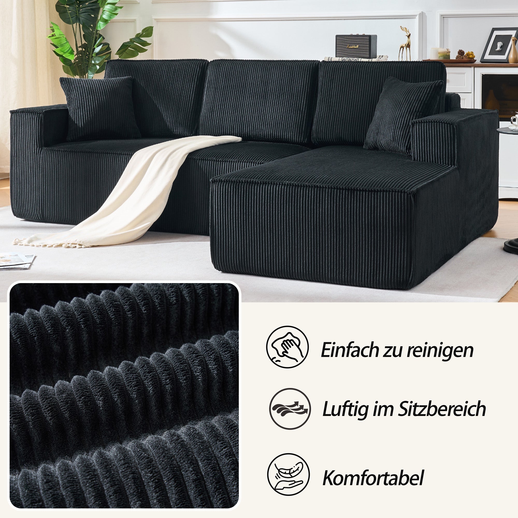 Modular Corner Sofa L-shaped Chaise Lounge High-Density Foam Corduroy Black