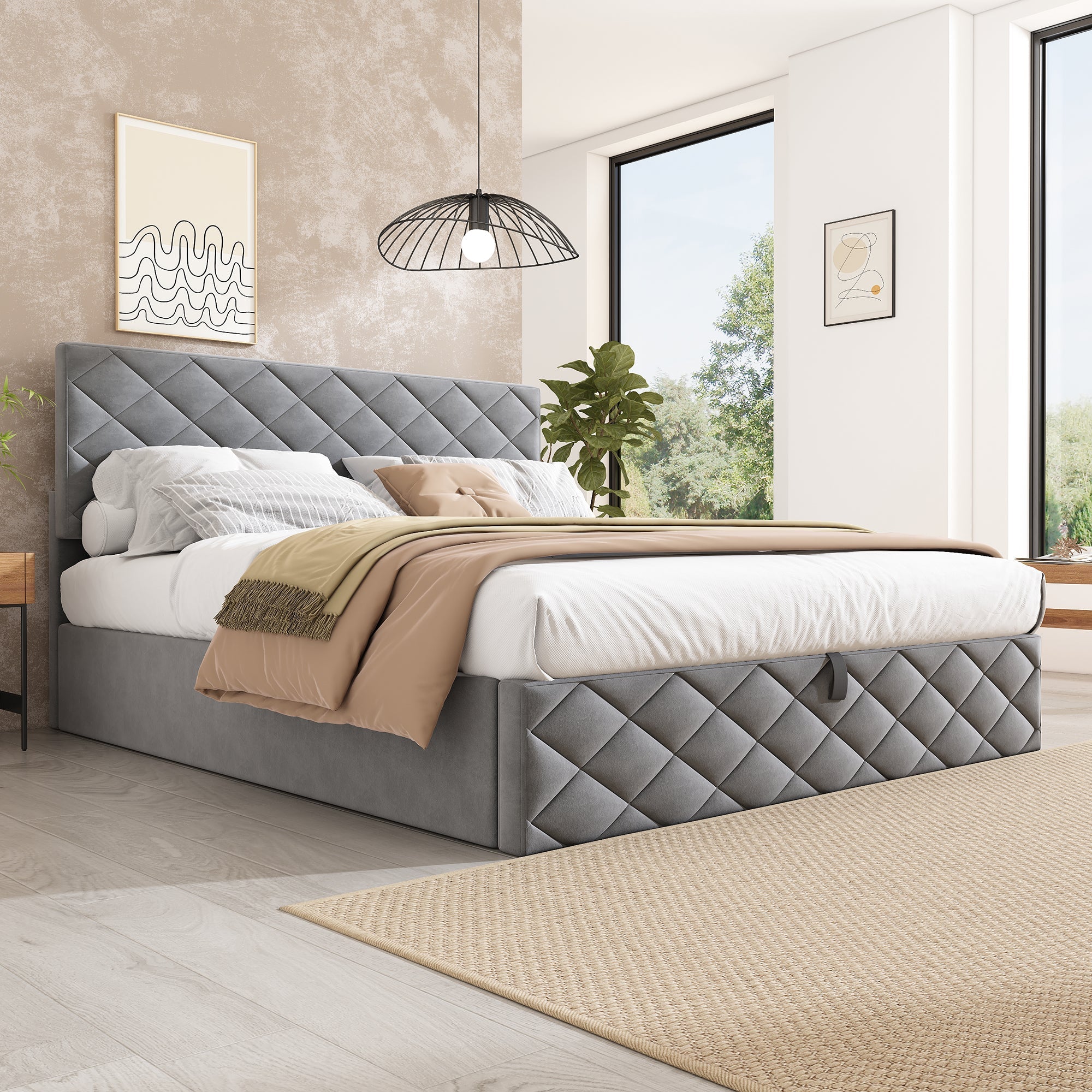 Upholstered Bed with Hydraulic Slatted Frame and Storage, 140x200cm, Grey