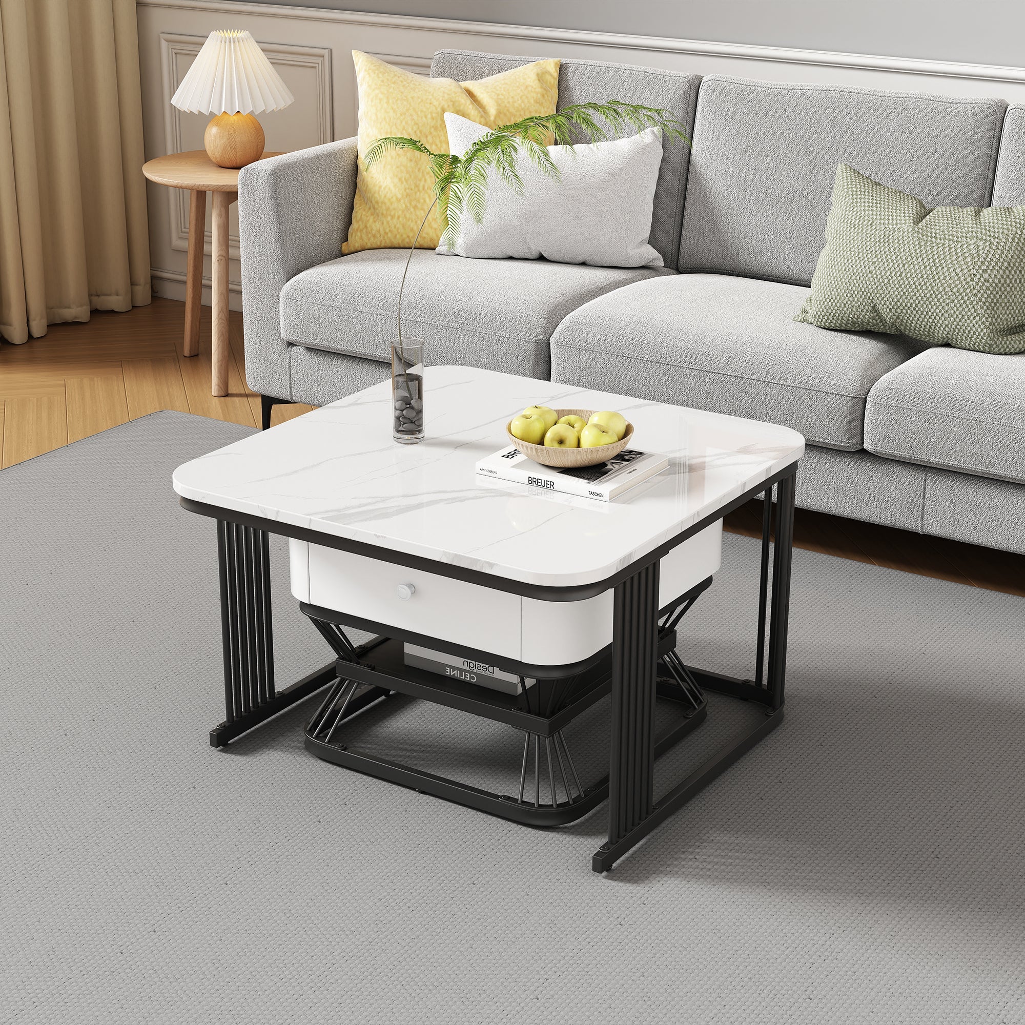 2-Piece Geometric Coffee Table Set with Drawer, High-Gloss Marble Look, White/Black