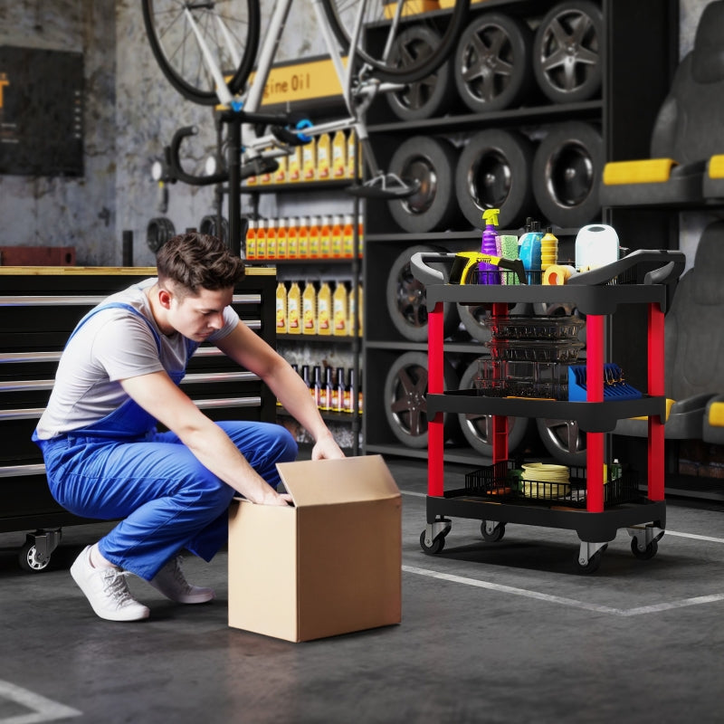 Workshop trolley with 3 levels, handle, 68 kg load capacity, black