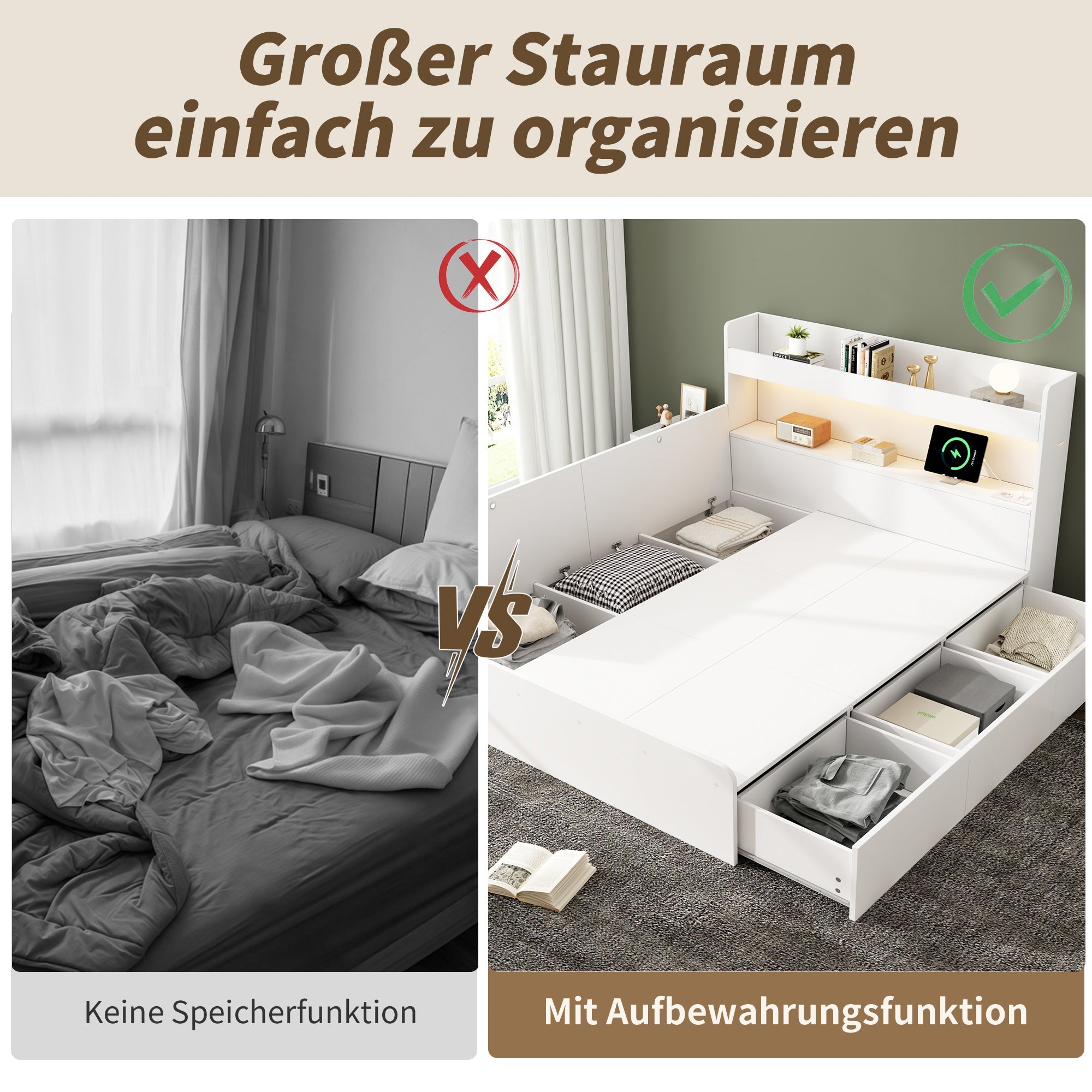 Storage Bed 140x200cm with USB, Power Outlet, LED and Drawers, White Solid Wood