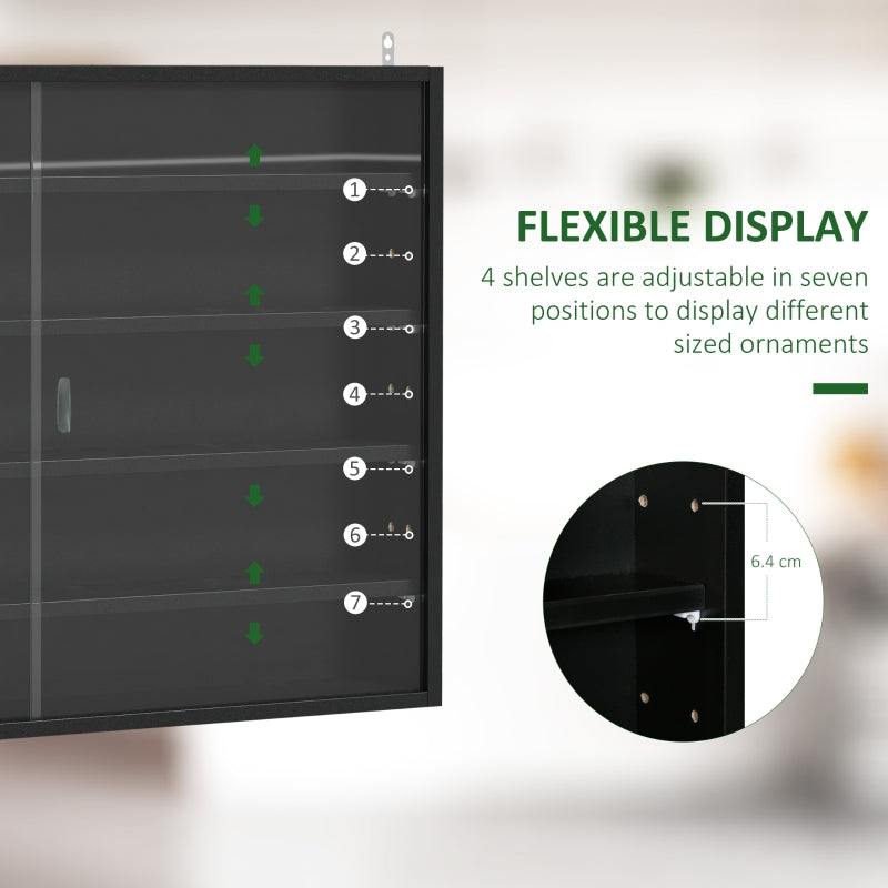 5-Tier Wall Display Shelf Cabinet, 4 Adjustable Shelves Glass Doors, Black