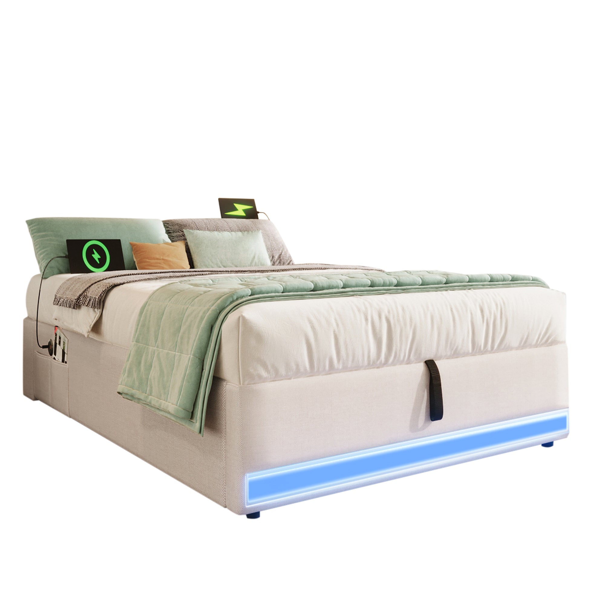 Upholstered Bed 90x200cm Hydraulic Storage LED USB/Type-C Pockets - Beige