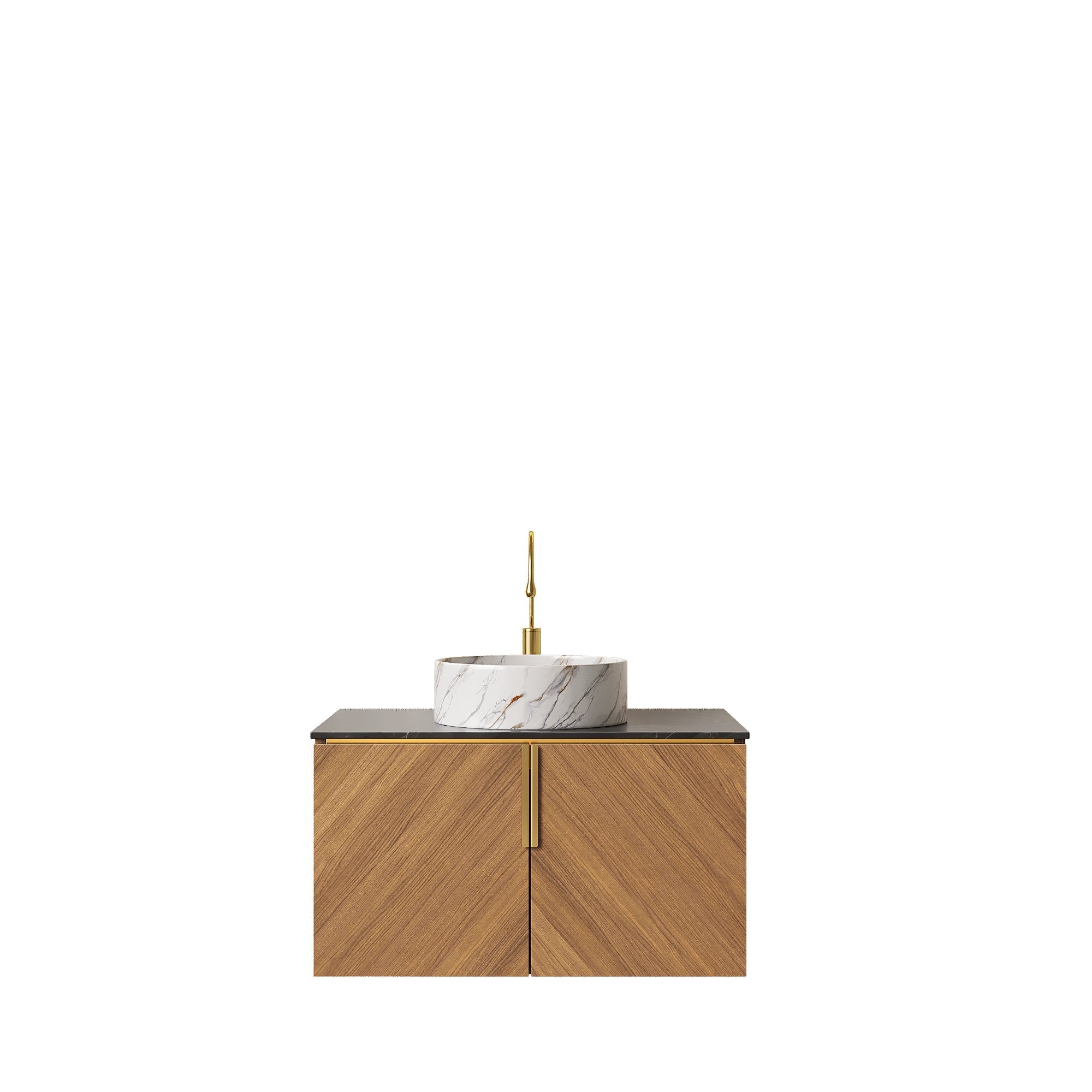 ARAI 76cm Wall-Mounted Bathroom Vanity Unit with White Ceramic Basin, Black Sintered Stone Countertop, Espresso Plywood