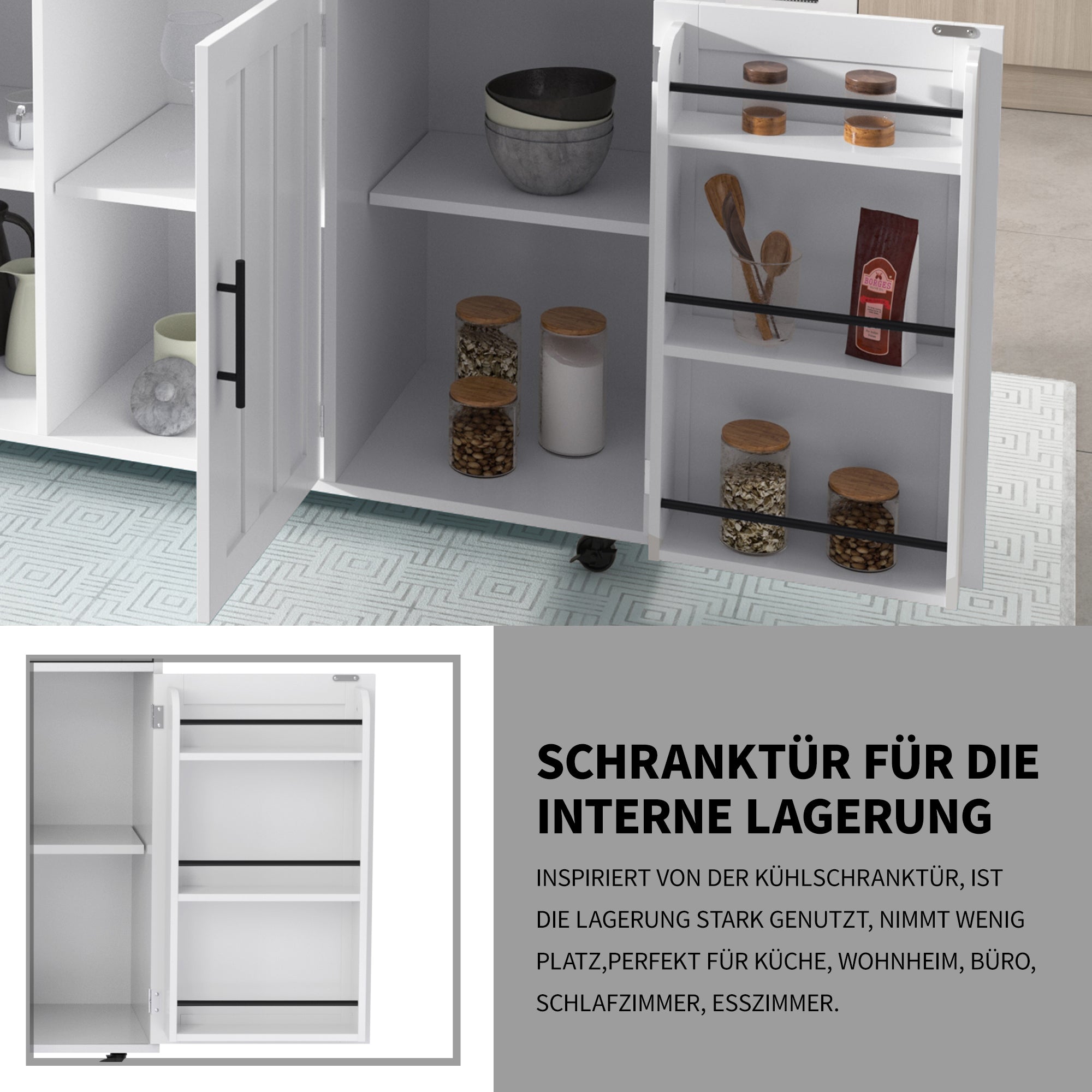 Dining Cart/Sideboard with Folding Worktop and Storage, White Cabinet/Solid Wood
