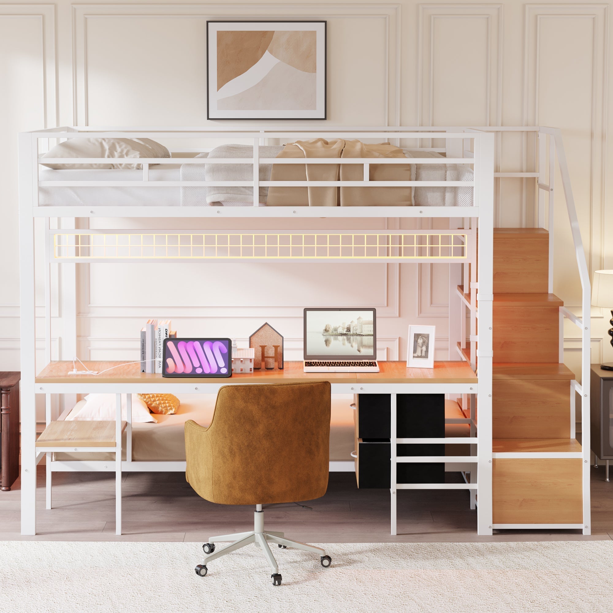 Metal Loft Bunk Bed with Desk LED Storage 140x200/90x200 White