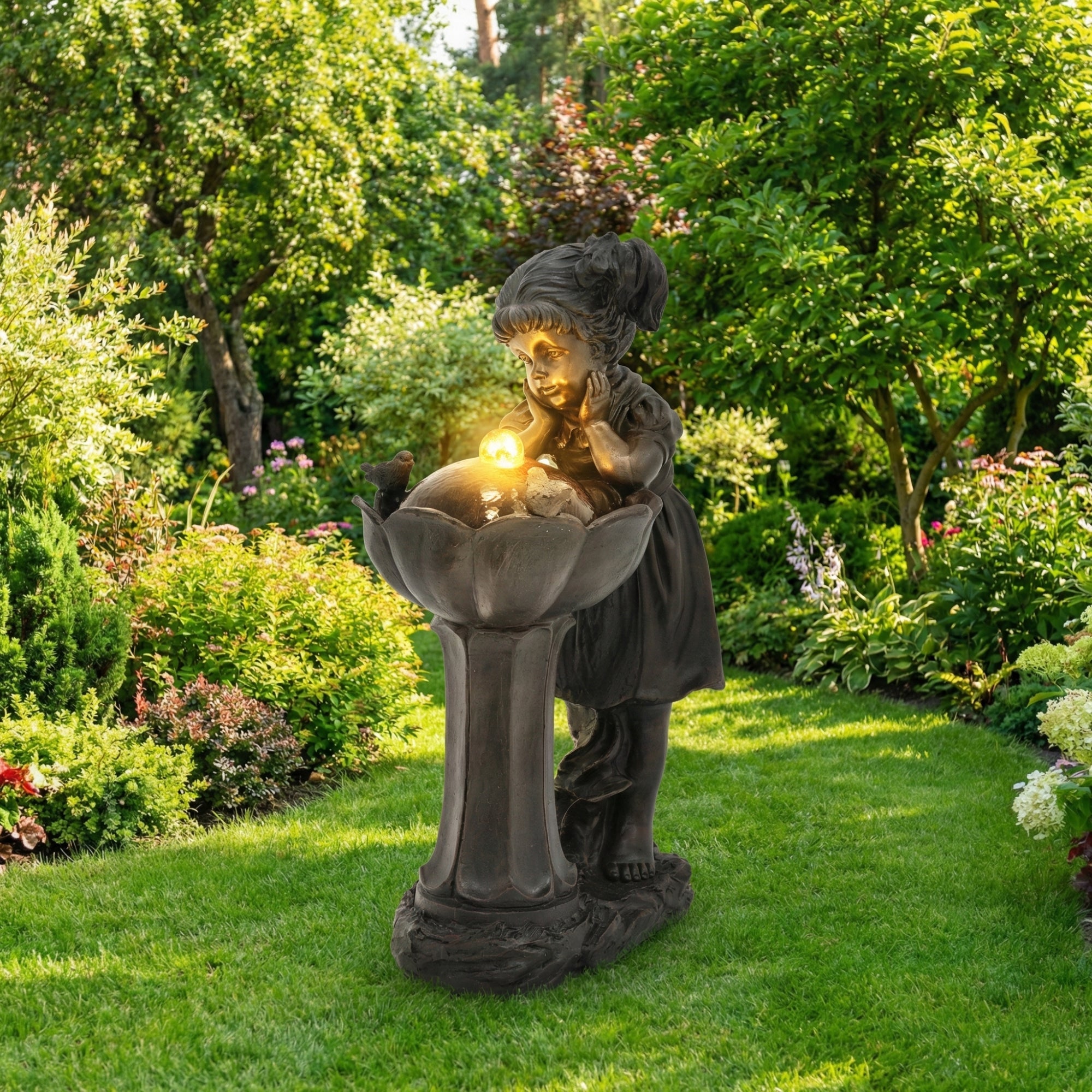 Girl Figurine LED Outdoor Fountain with Tranquil Water Feature, 65.5 cm, Copper Color