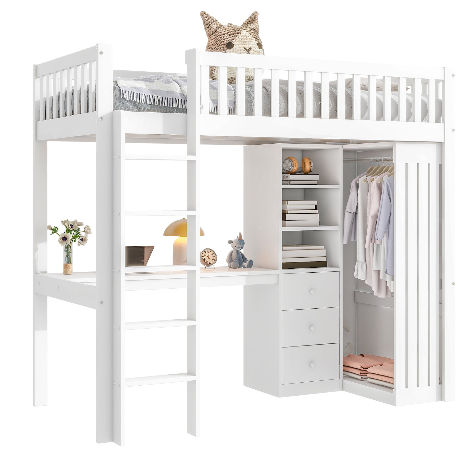 Loft Bed 90x200cm Desk Wardrobe 3 Drawers Stairs - White