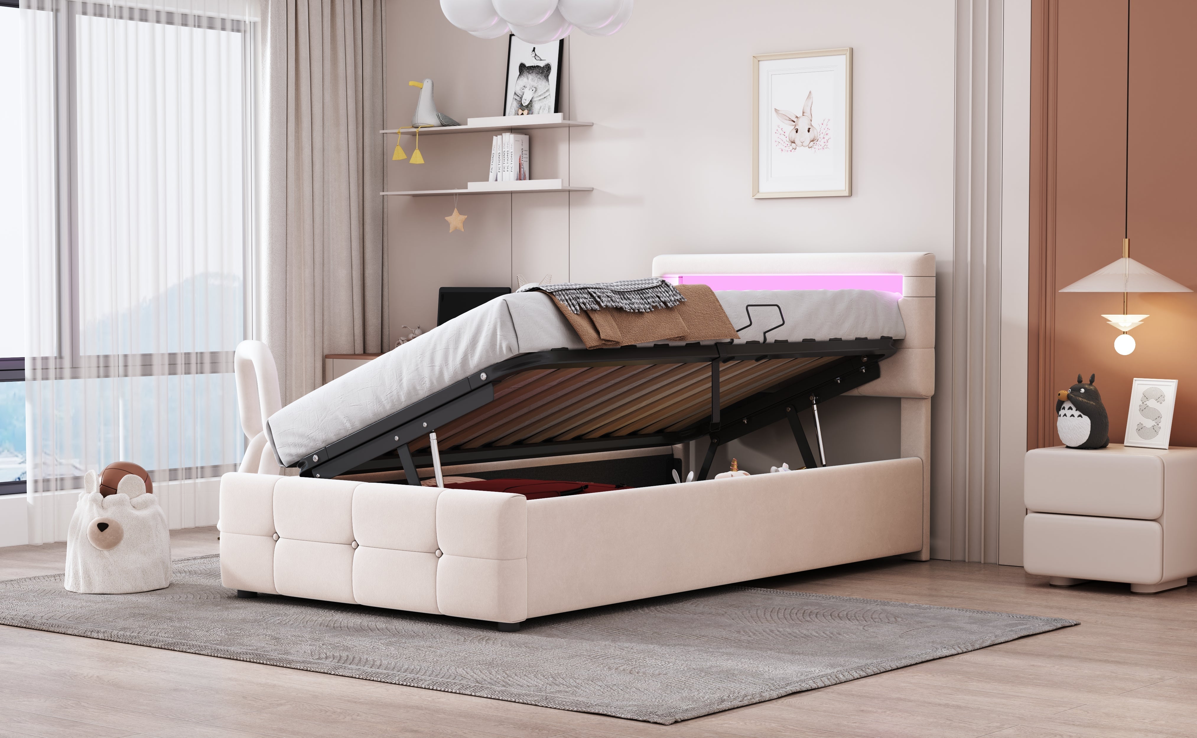 Upholstered Children's Bed with LED Lighting and Hydraulic Storage, Velvet Beige/Grey