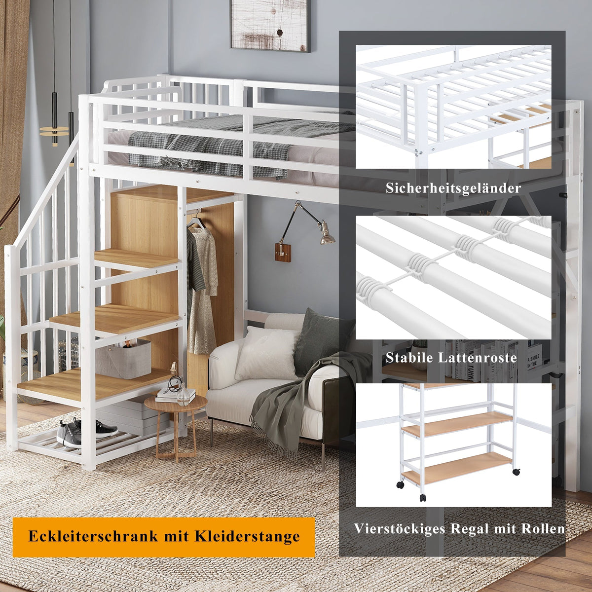 Loft Bed with Shelf, Wardrobe, Safety Railing, Iron + MDF, White/Natural 90x200cm