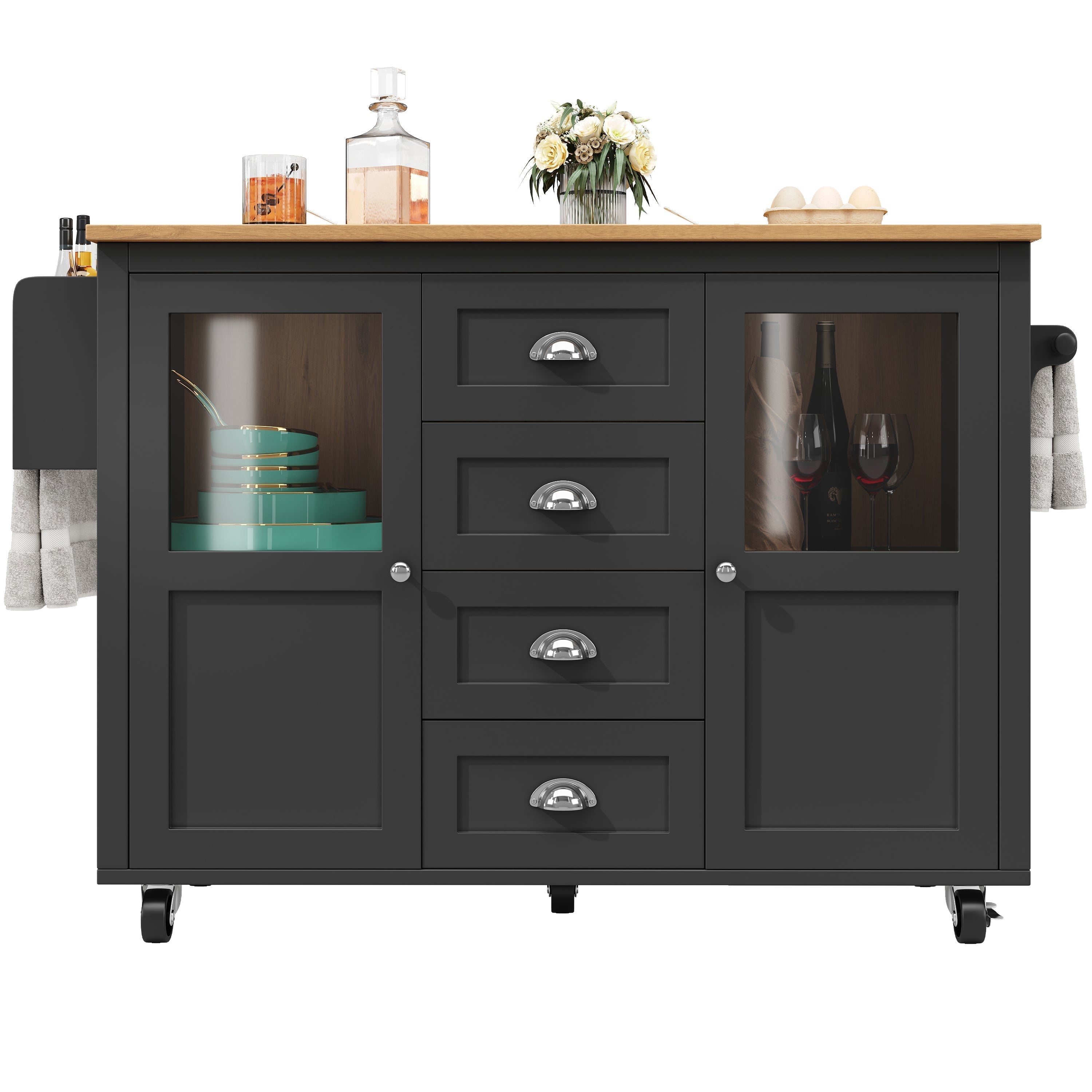 Extendable Kitchen Island Mobile Storage Drawers Spice Rack - White/Black