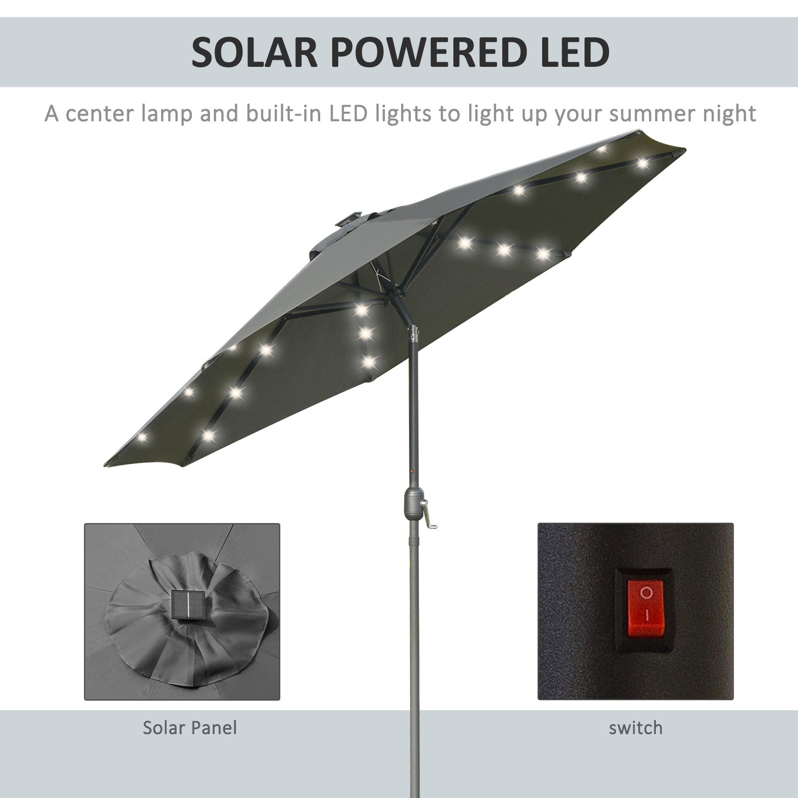 2.7m Patio Umbrella Parasol with Tilt Crank and 24 LED Lights - Grey