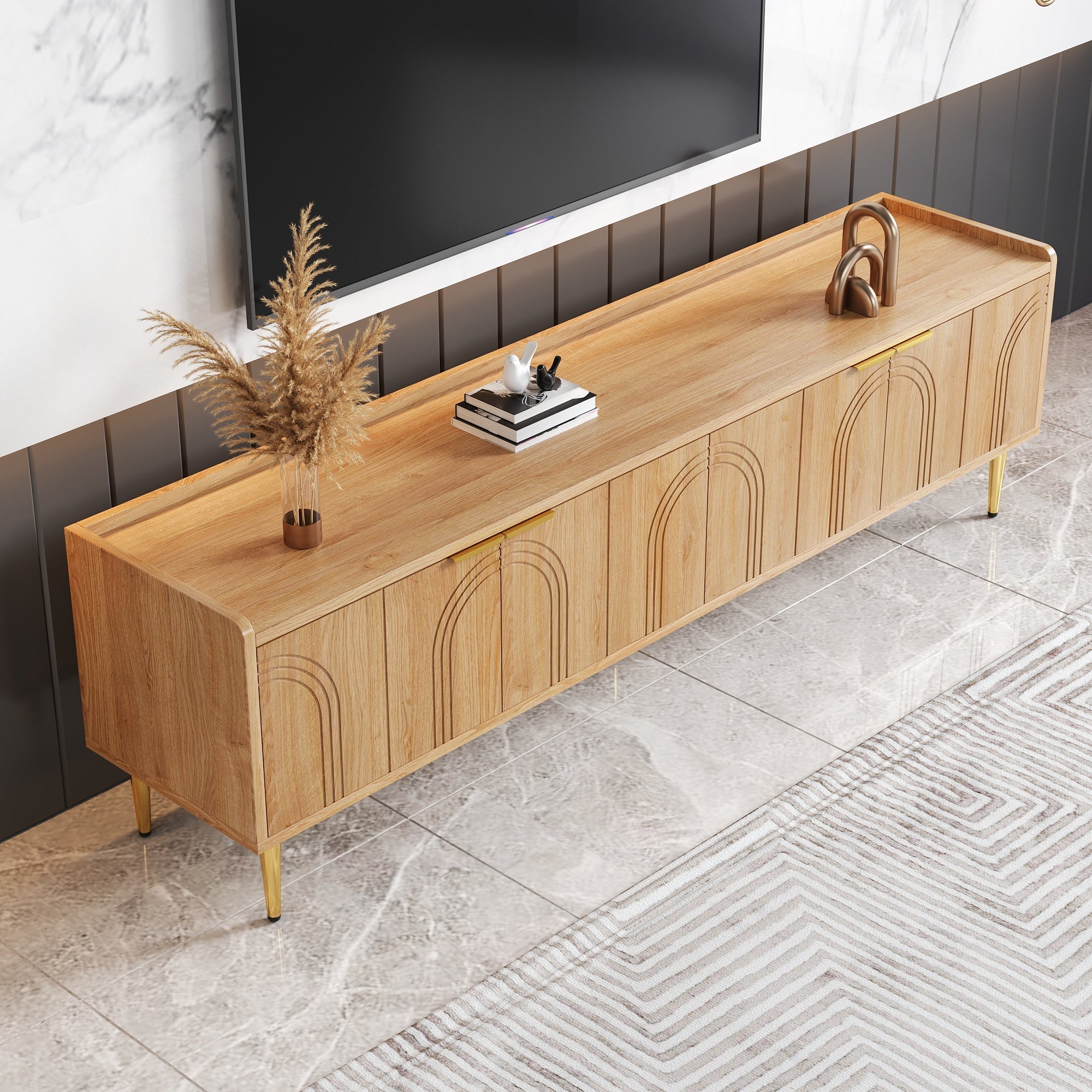 TV Cabinet Lowboard, Textured Door Gold Handles and Feet, 170cm MDF