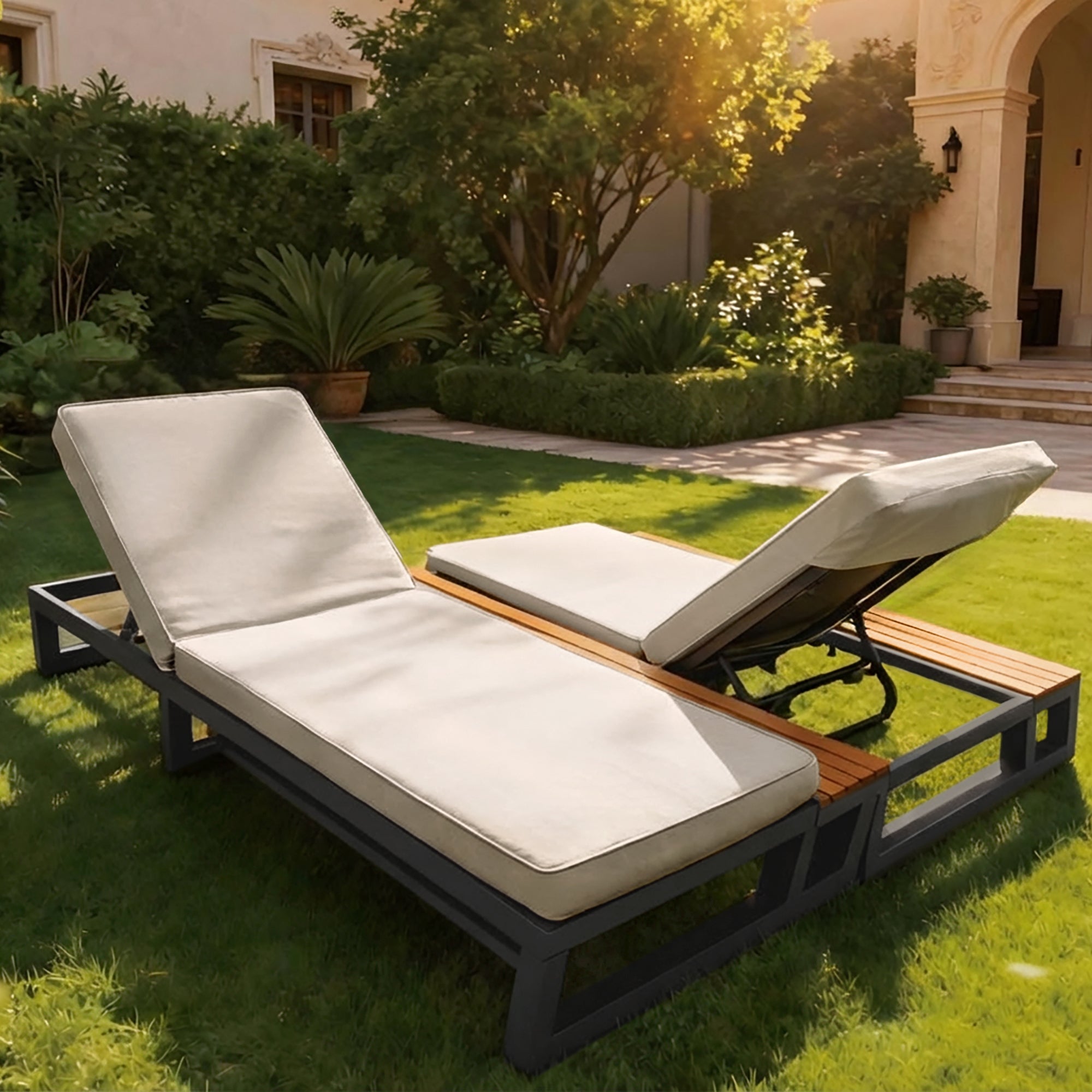 Outdoor Patio Daybed with Adjustable Backrest and Shelves, Waterproof Double Lounge Bed, Beige