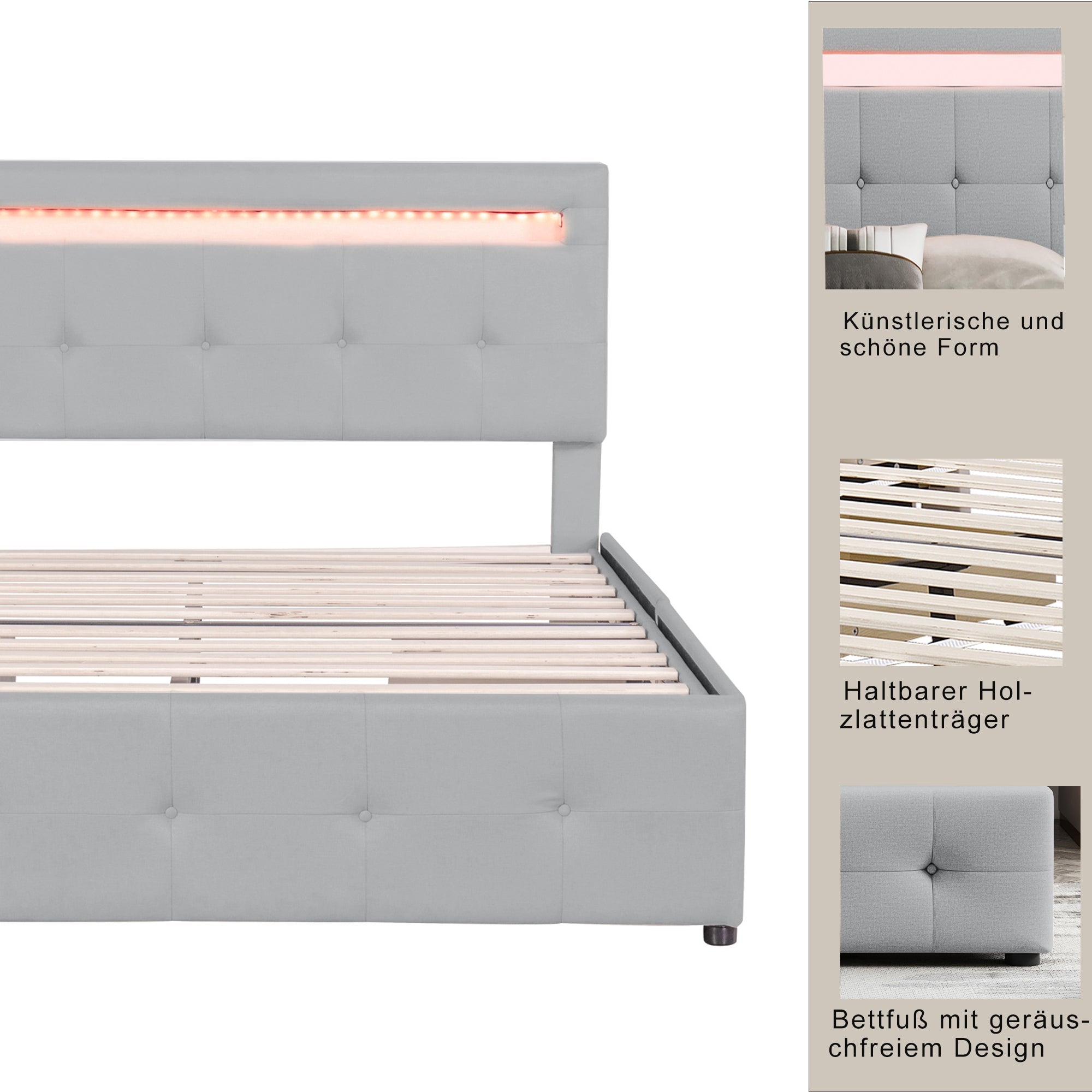 Upholstered Bed, 140x200cm, LED, 4 Drawers, Linen, Grey