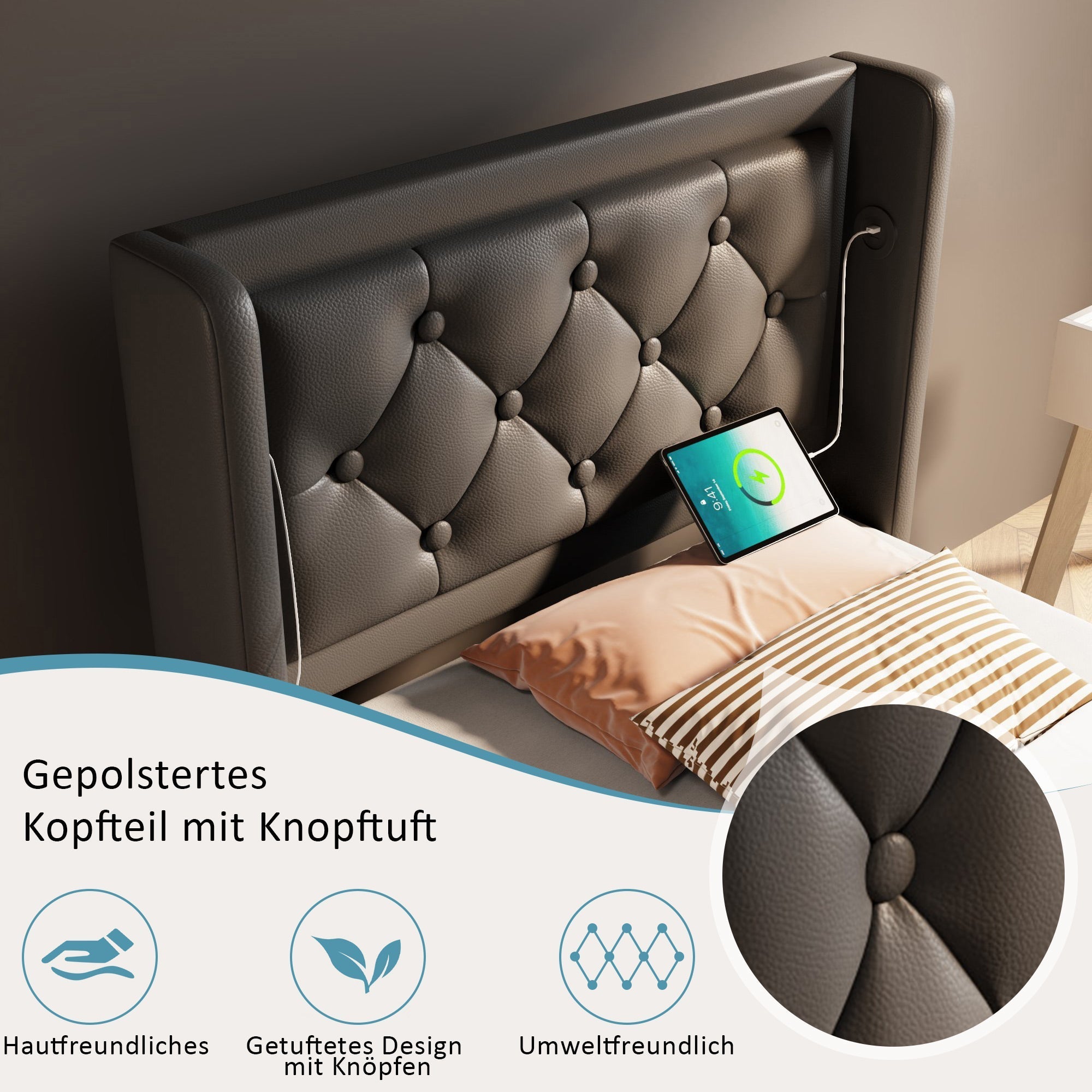 Upholstered Single Bed 90x200cm Hydraulic Storage USB-C LED Headboard, Black PU