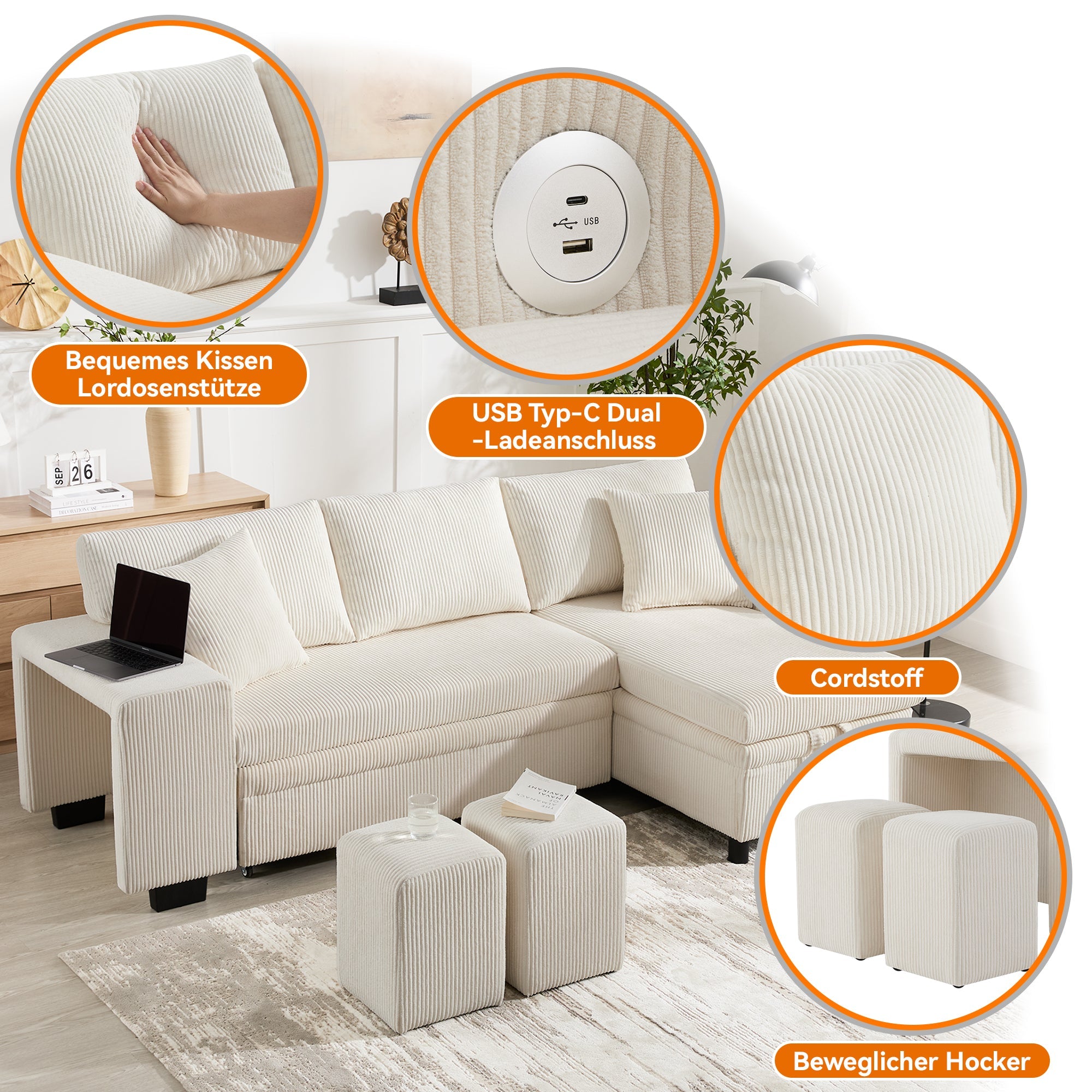 Sofa Bed L-Shaped Convertible 3-Seater with USB, Storage, and Shelves