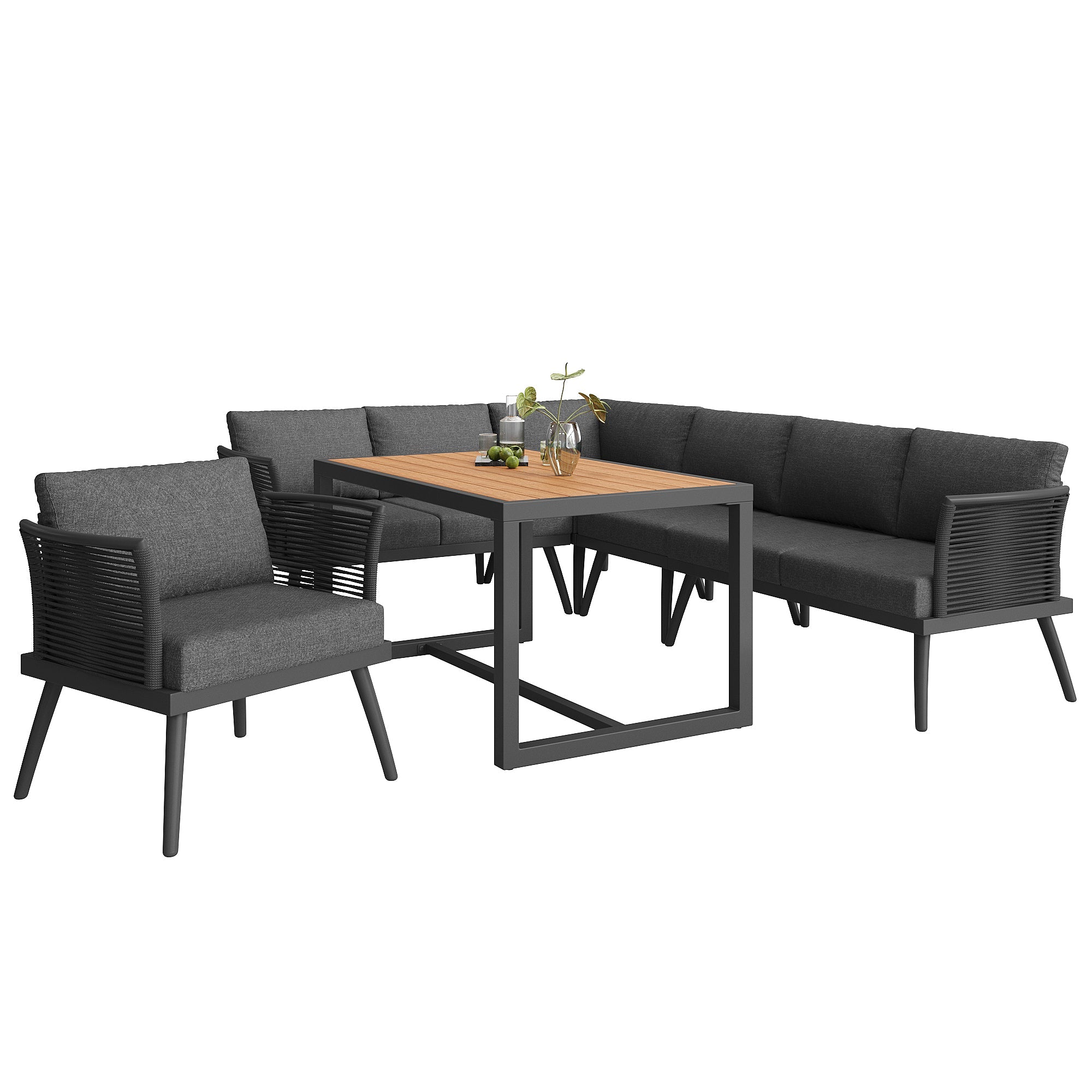 Seven-Seater L-Shaped Garden Sofa Set with Coffee Table and Armchair, Iron and Wood, Grey/Beige