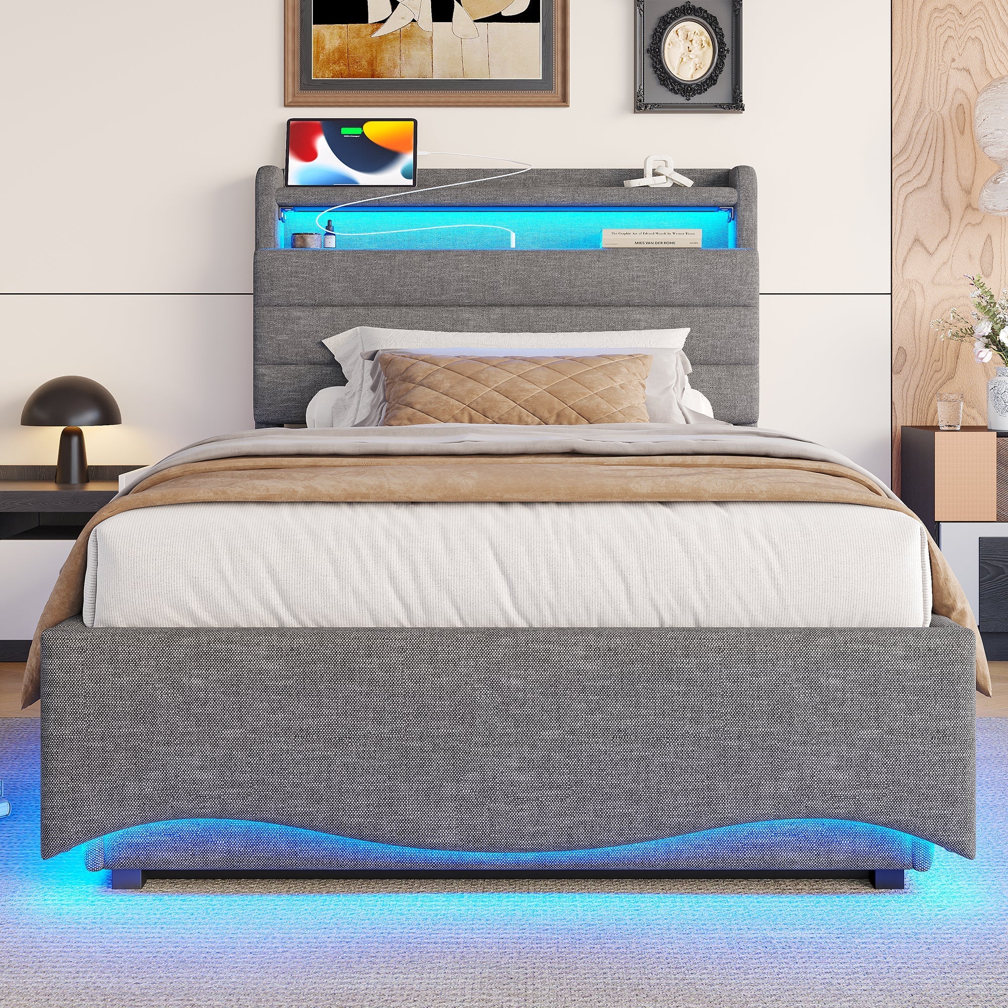 Upholstered Bed with LED Lighting, Hydraulic Storage and USB Ports, Grey Linen Fabric