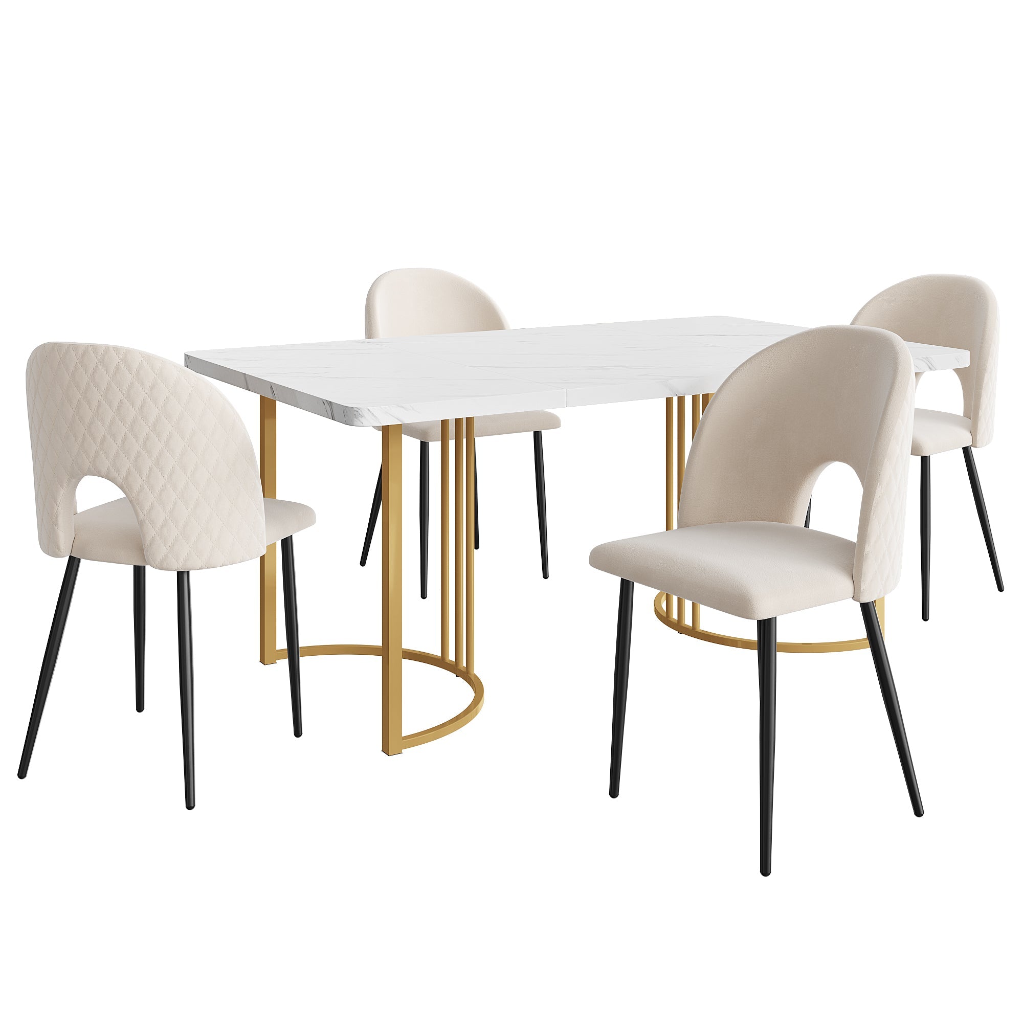 Dining Set, 140×80cm with 4 Chairs, Velvet & MDF, Beige/White/Gold