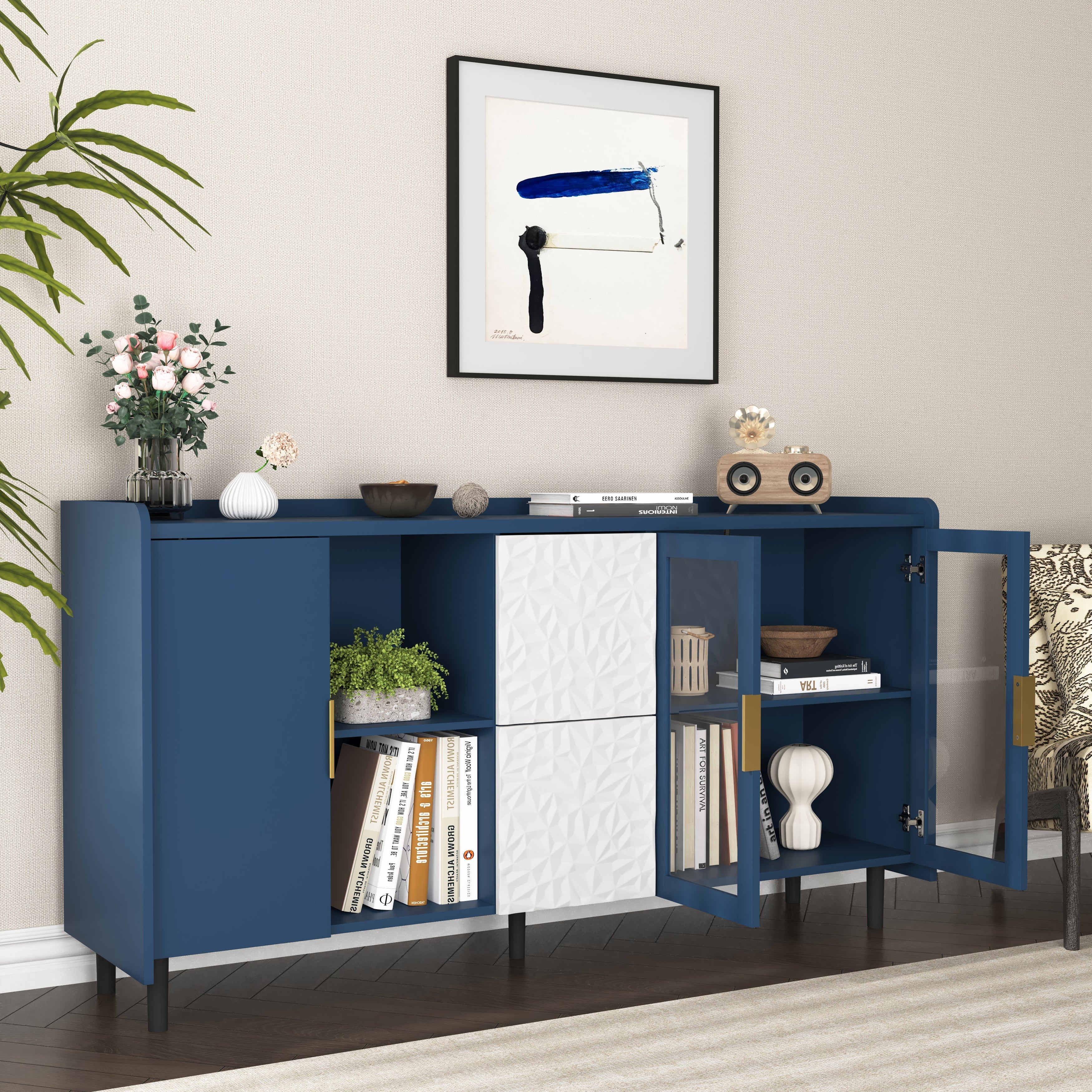 Pantry Cabinet 55-inch 2 Drawers 2 Glass Doors - Blue