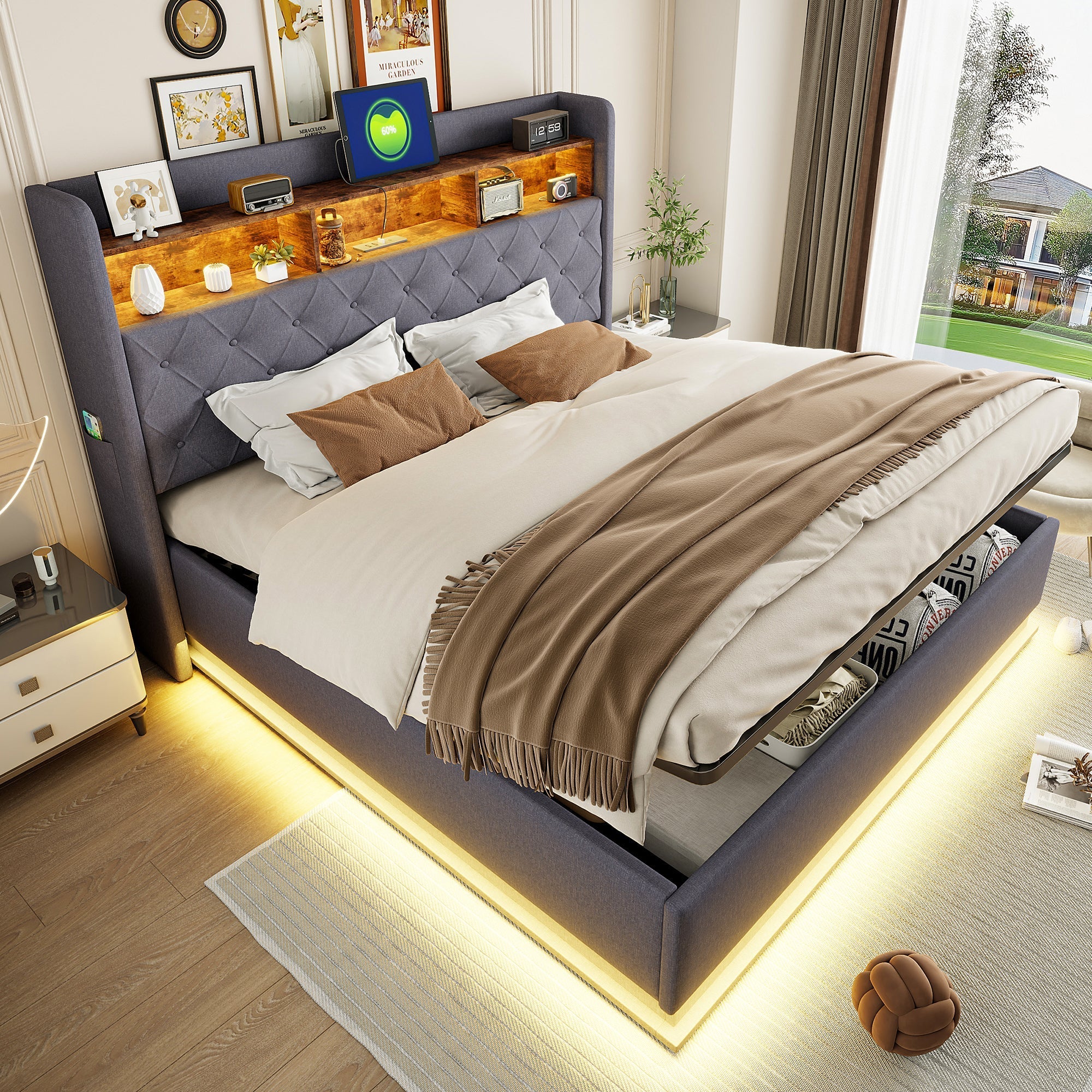 LED upholstered bed with USB and hydraulic storage, linen grey