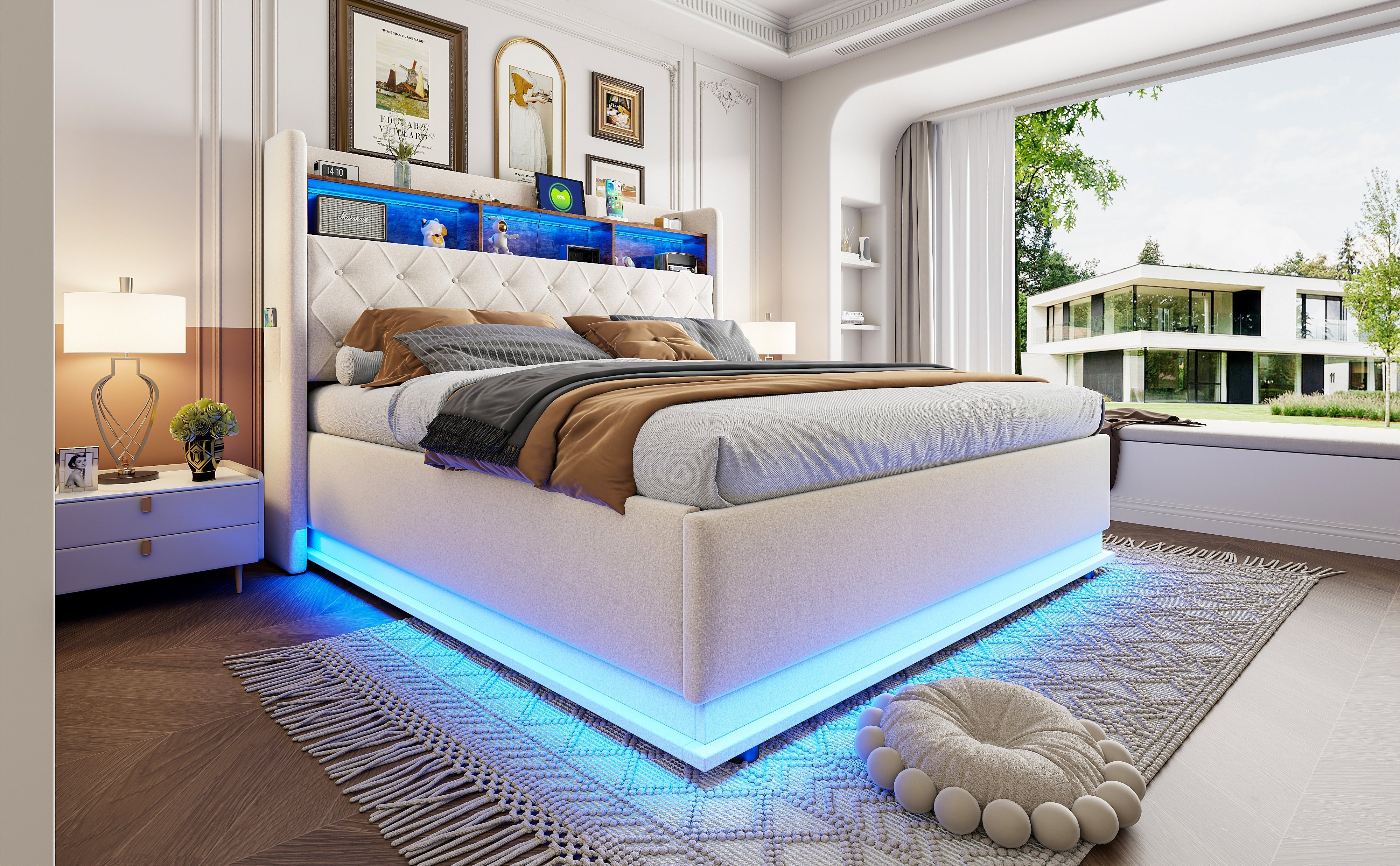 LED Upholstered Bed with USB & Hydraulic Storage, Linen Beige