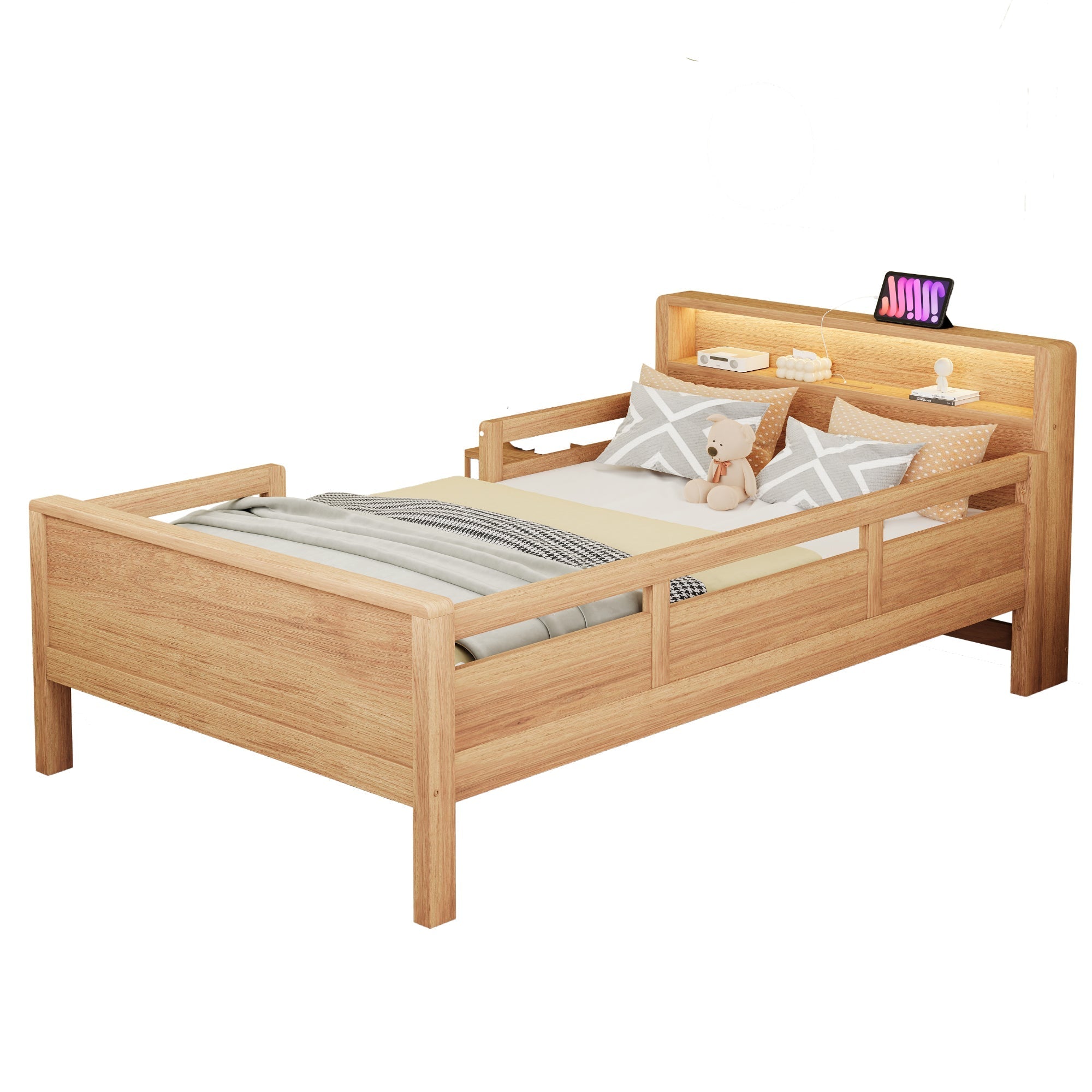 Wooden Bed, 90x200cm USB/Type-C, LED Light, Storage Headboard, Pinewood