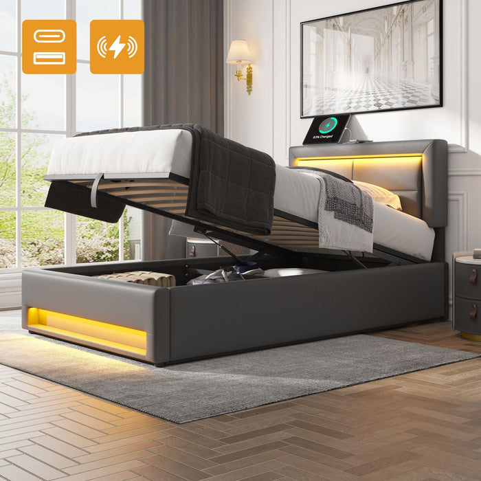 Upholstered Bed 90x200cm LED Storage USB/Wireless Charging - PU Lychee Grey