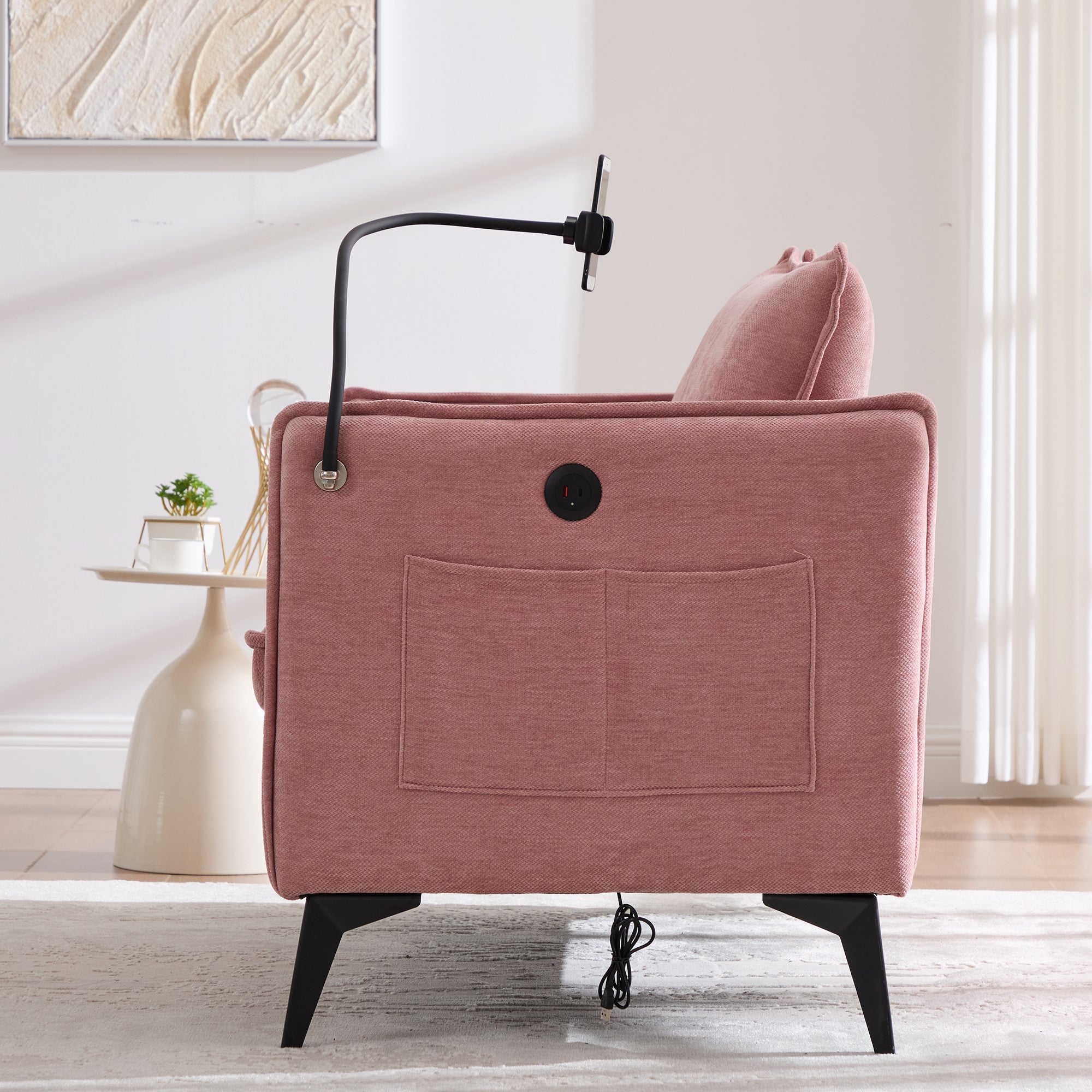 Modern Double Sofa with Storage & Adjustable Phone Holder, Fabric