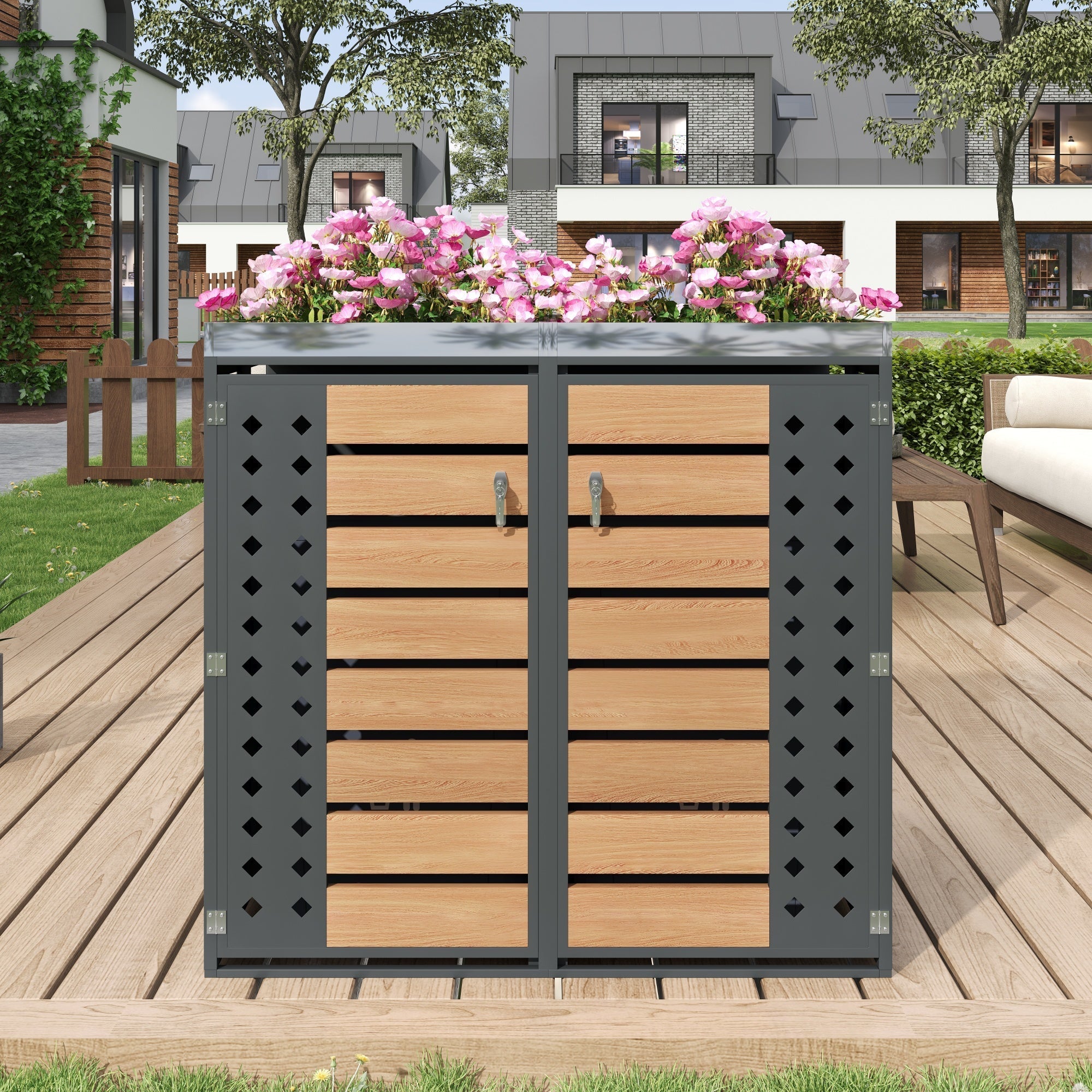 Garbage Can Enclosure with Planting Area and Lockable Dual Doors, Horizontal Wood Grain Panels