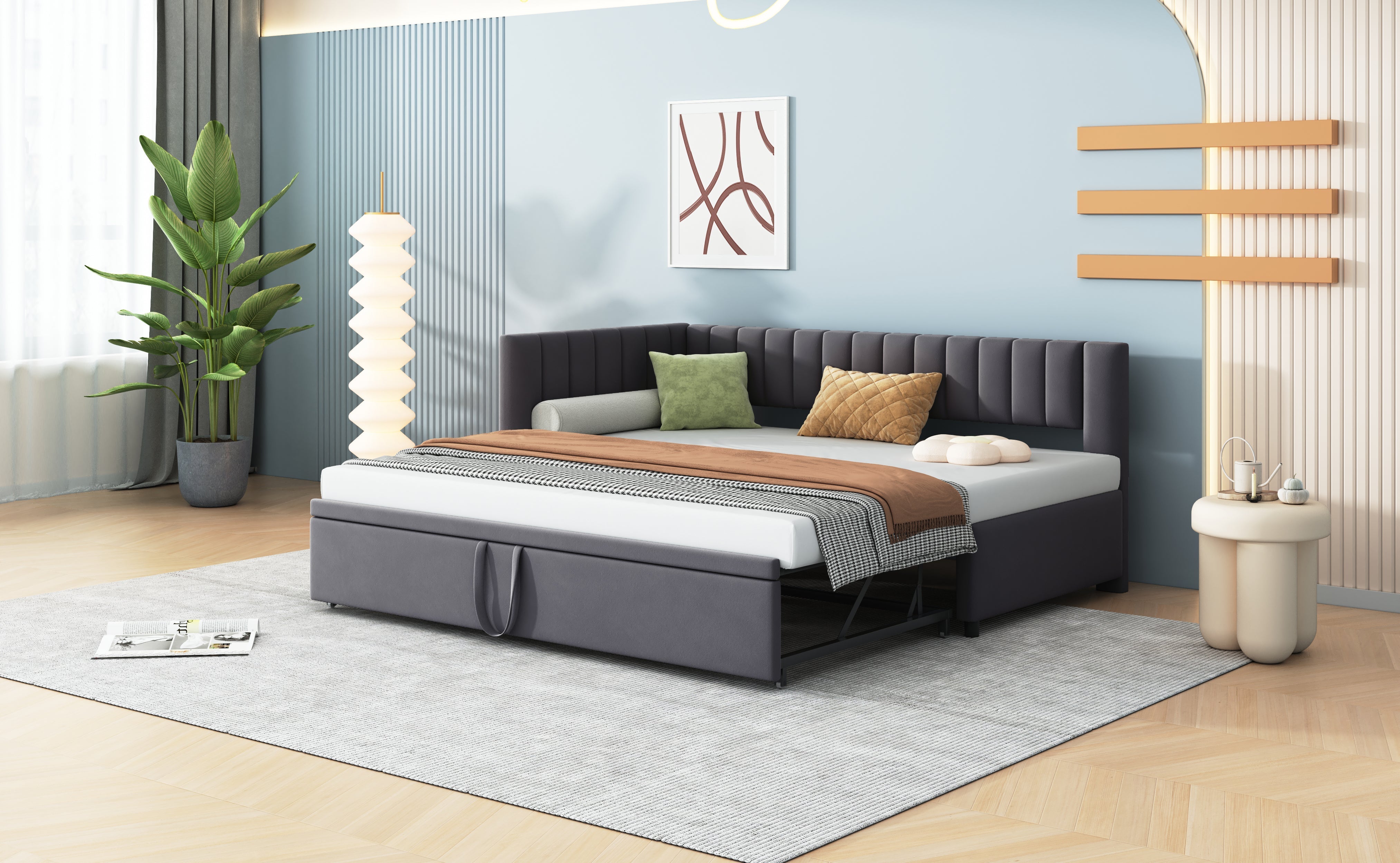 Sofa Bed, L-Shaped Pull-Out 90/180*200cm, Velvet Fabric, Gray