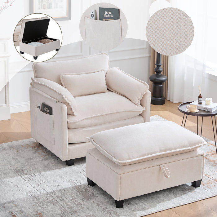 Modern Oversized Armchair with Footrest Stool & Side Pockets, Velvet