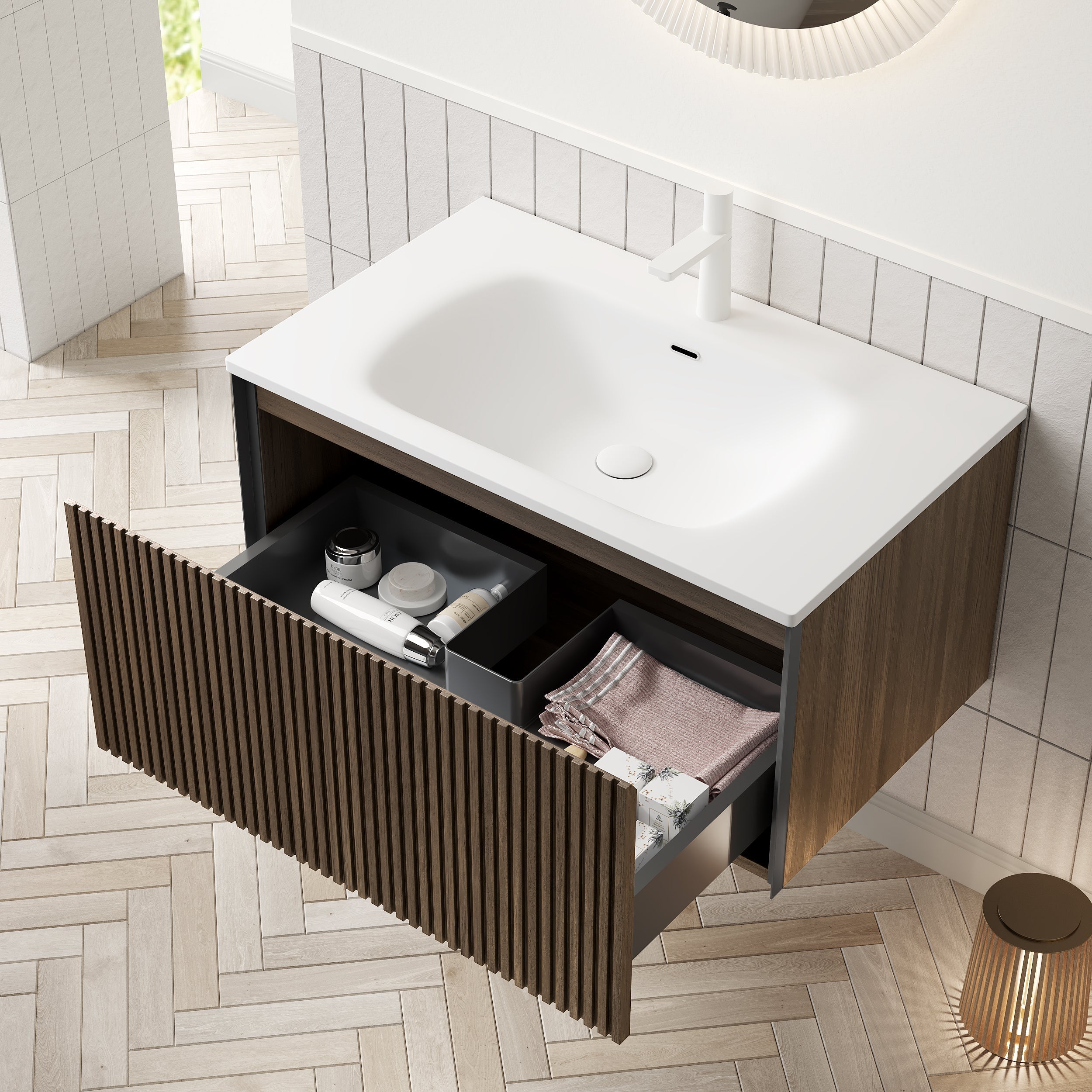 Wall-mounted Bathroom Vanity Unit with Artificial Stone Sink and Drawer, Brown Oak Grain Plywood