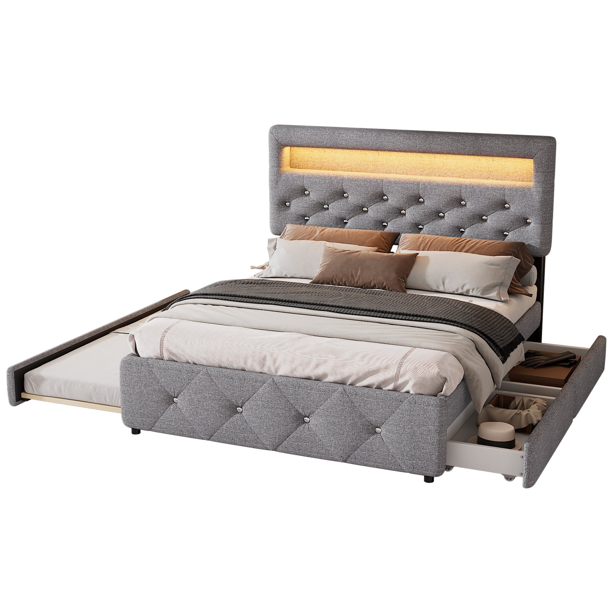 Upholstered Double Bed Pull-out Bed 2 Drawers LED Bedside 140x200cm - Grey