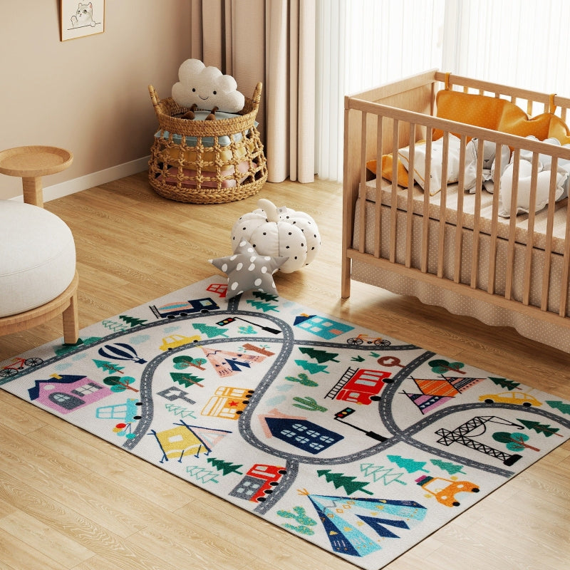 Highway Pattern Rug, Soft Fleece Easy Care, White Colorful