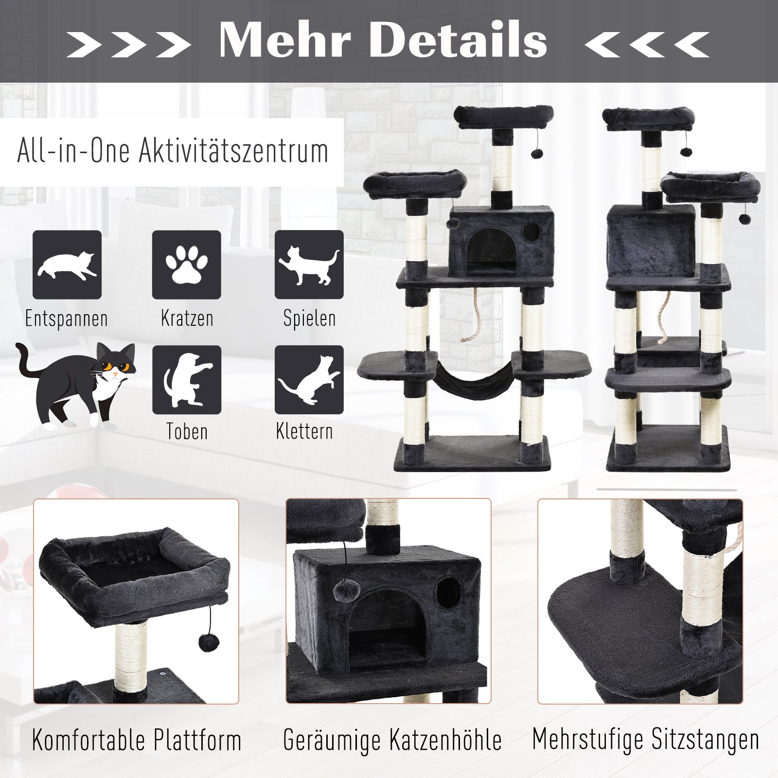 Cat Tree 144cm Wall Strap Hammock Cat House, Dark Grey