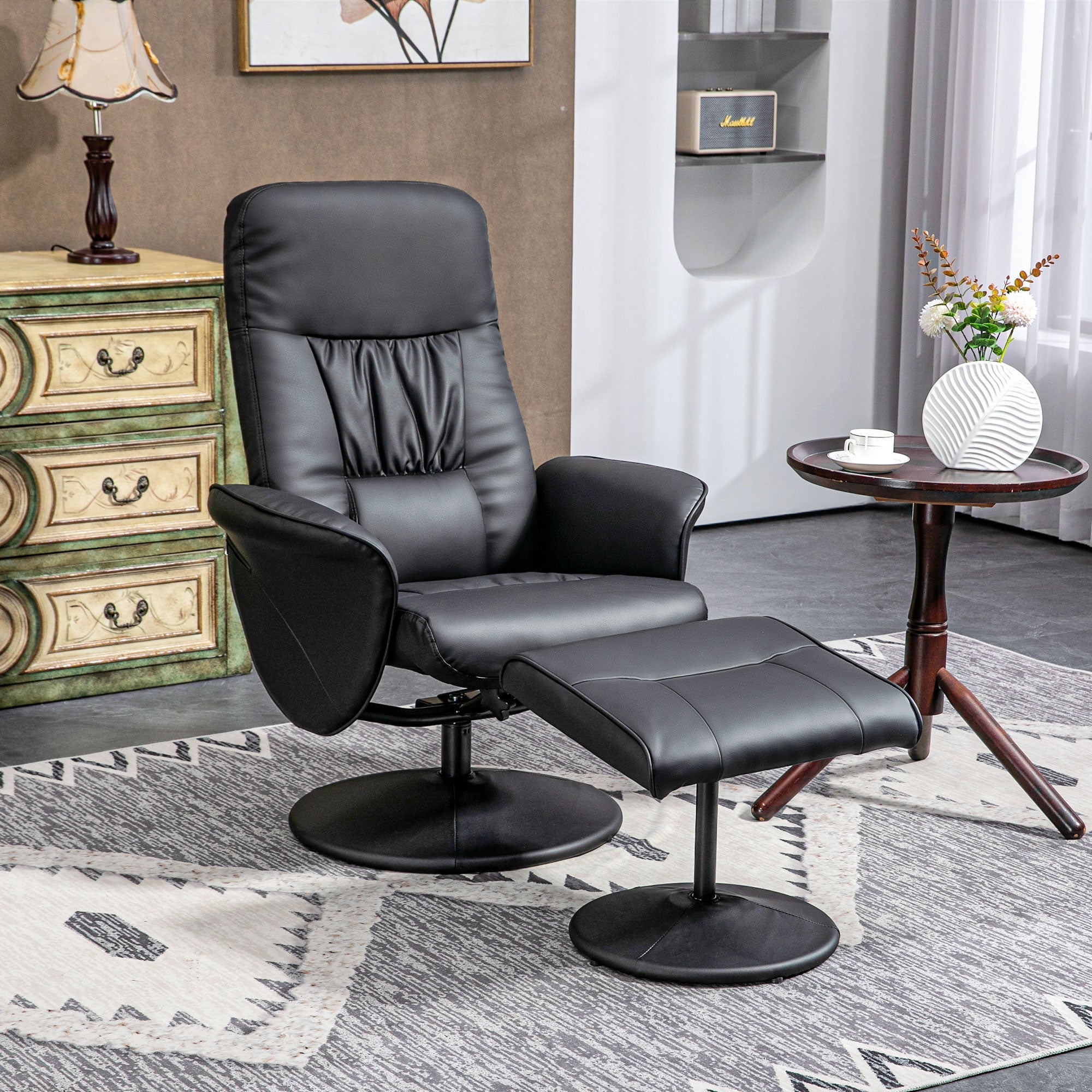 Relaxliegesessel mit Hocker, drehbarer gepolsterter Fernsehsessel, Kunstleder, Schwarz
