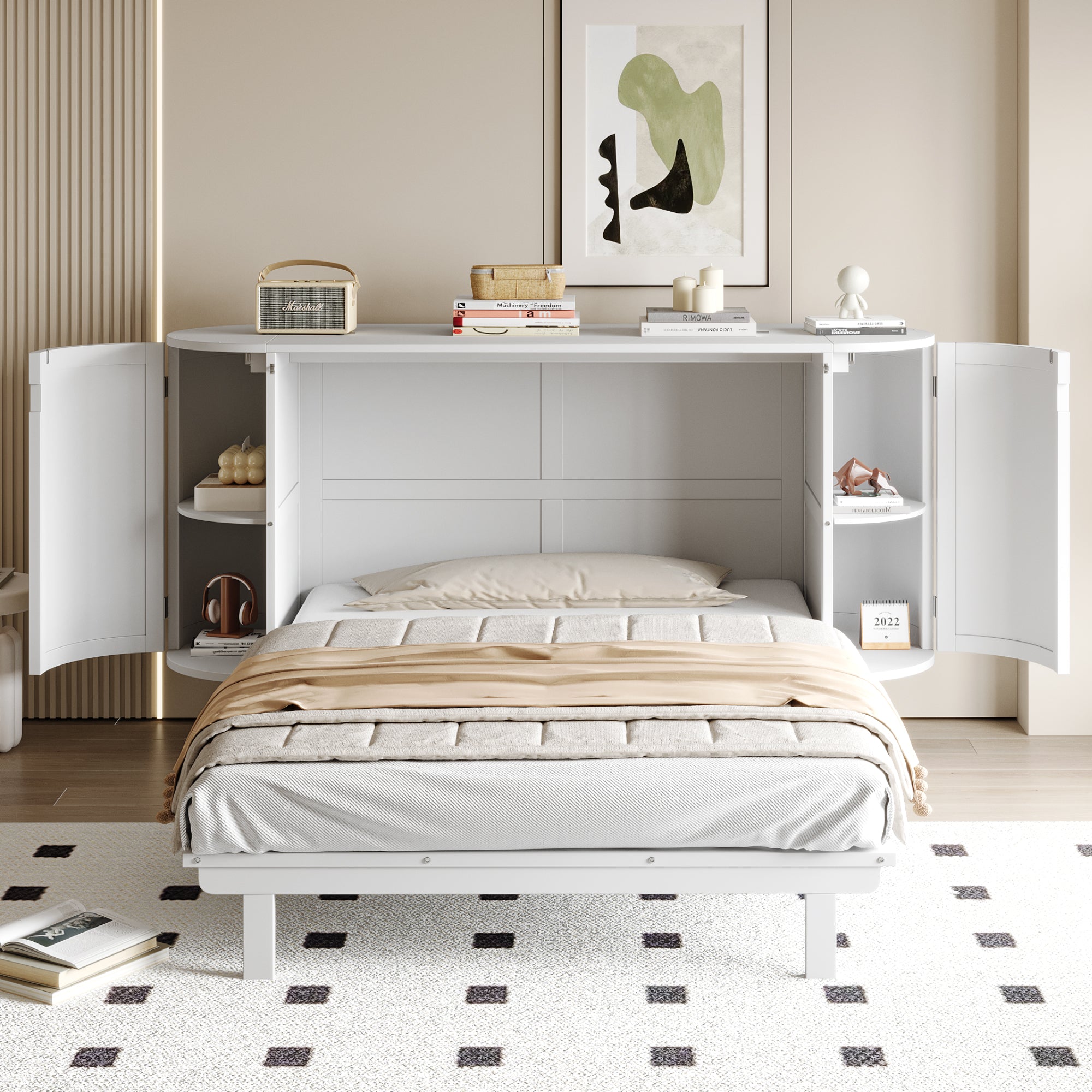 Wall Bed 140x200cm Vertical Folding Rattan Design Storage - White