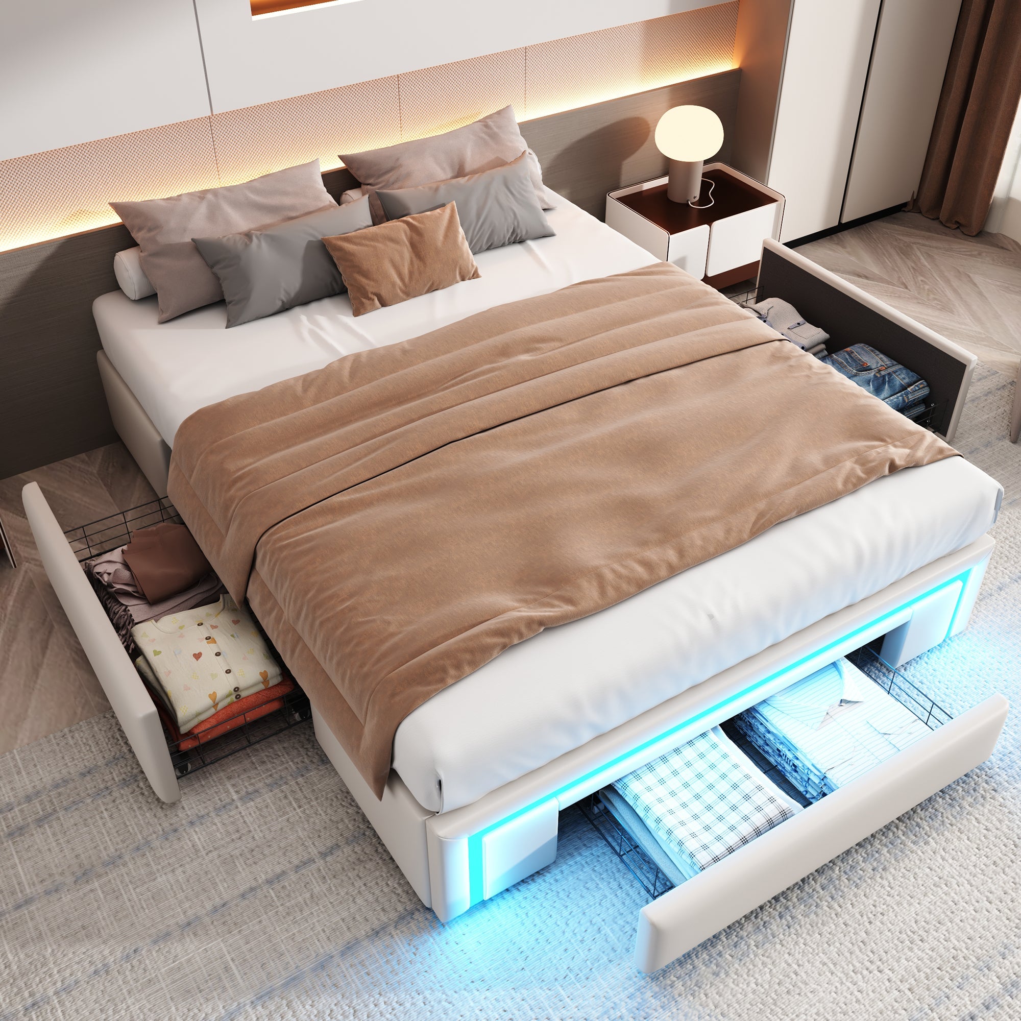 Bed Frame 140x200 with Drawers, LED Light Bar, Metal Slatted Platform, PU Leather Beige