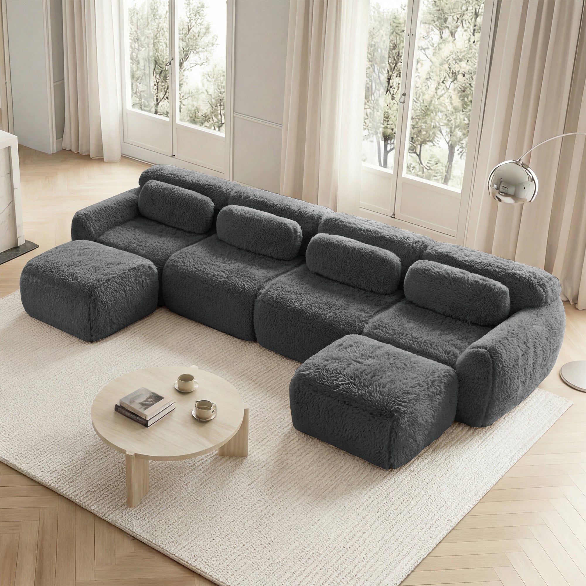 U-Shaped Modular Sofa, No Assembly, Freely Combinable Plush Fabric, Grey