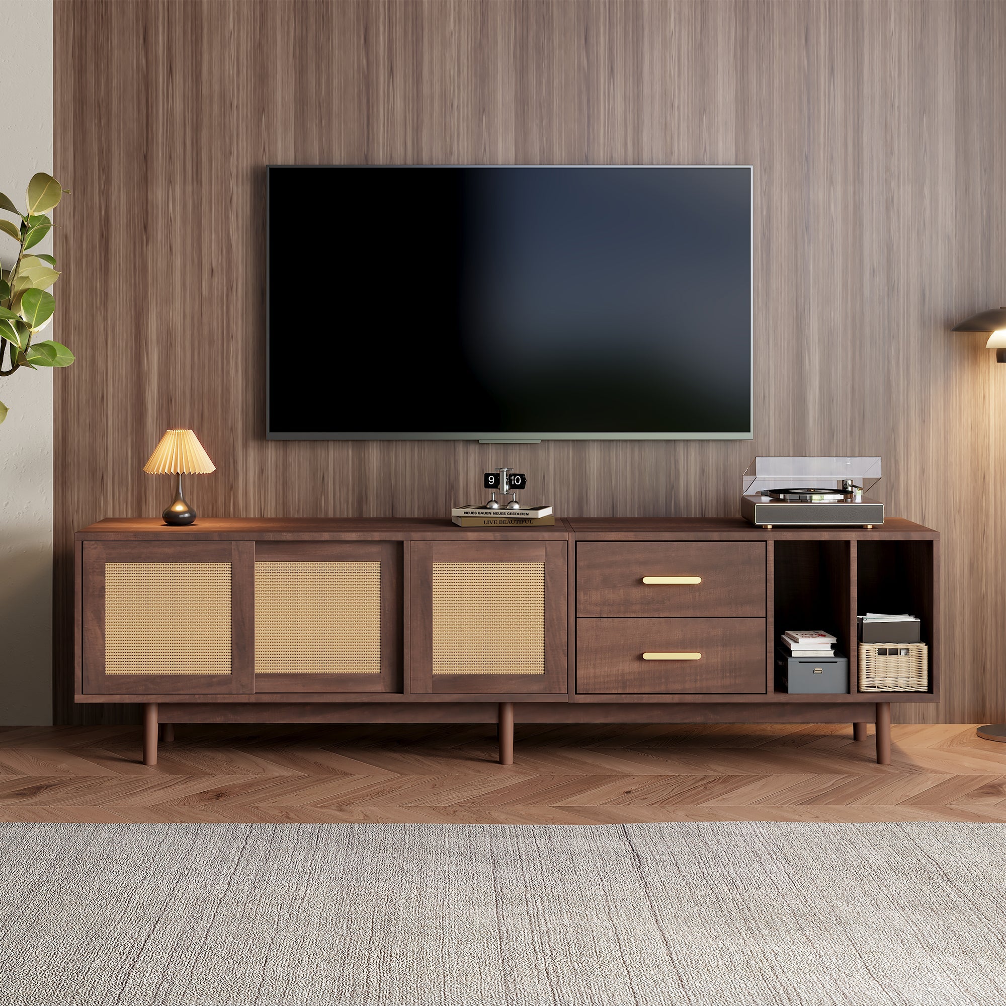 TV Cabinet, 190x40x52cm Lowboard with Drawers, Rattan MDF, Brown