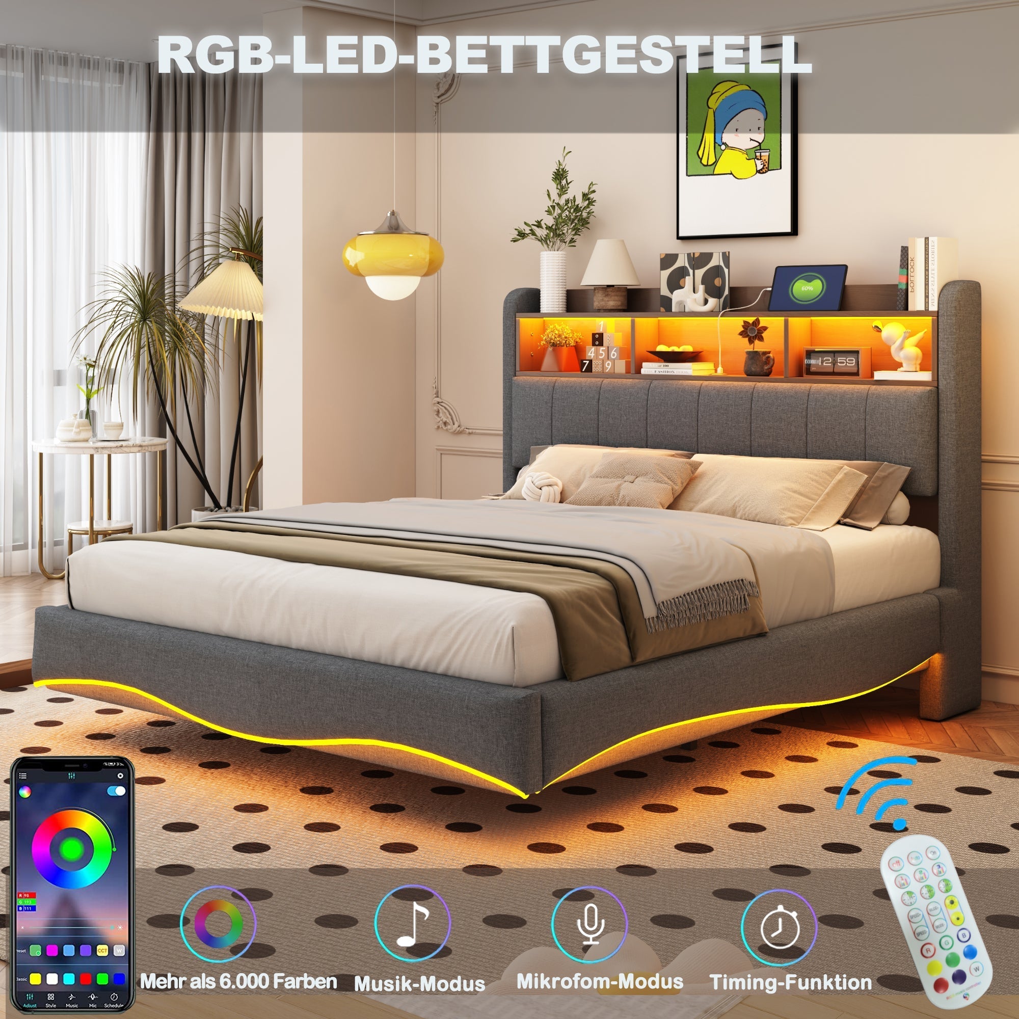 Upholstered Bed with LED Lighting, USB & Type-C Ports, and Headboard Storage, Grey